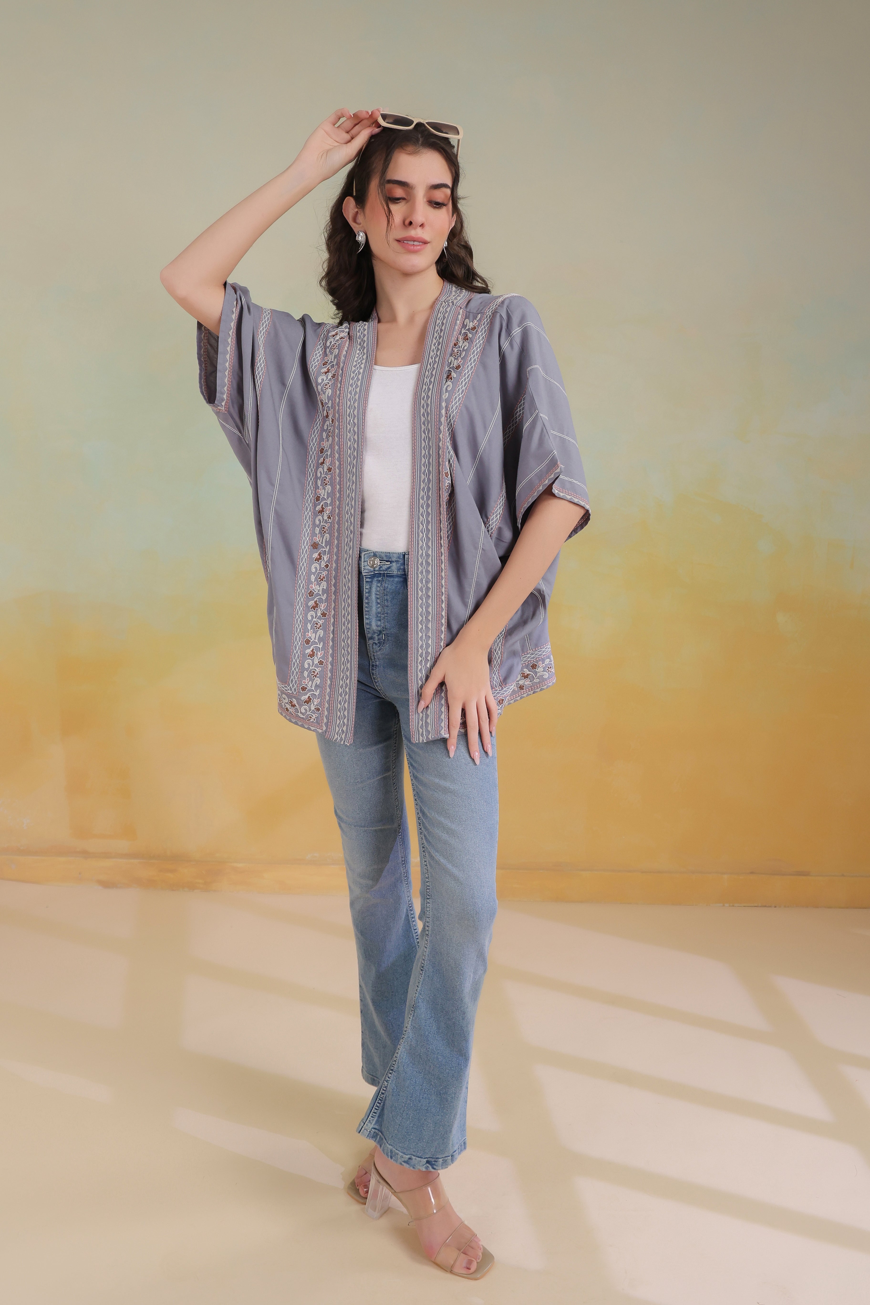 Women’s Grey Rayon Printed Embroidered Shrug