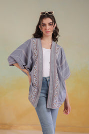 Women’s Grey Rayon Printed Embroidered Shrug