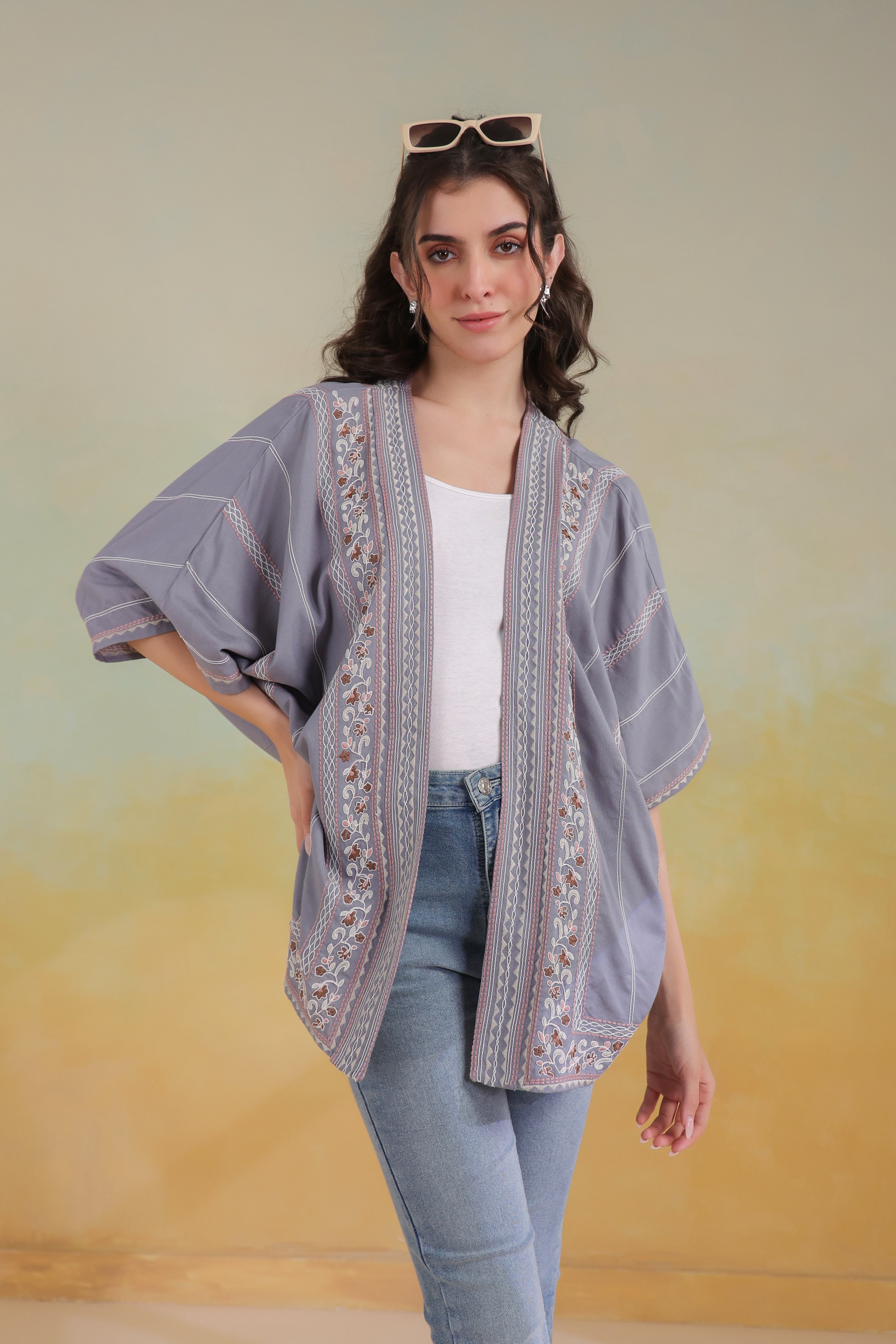 Women’s Grey Rayon Printed Embroidered Shrug