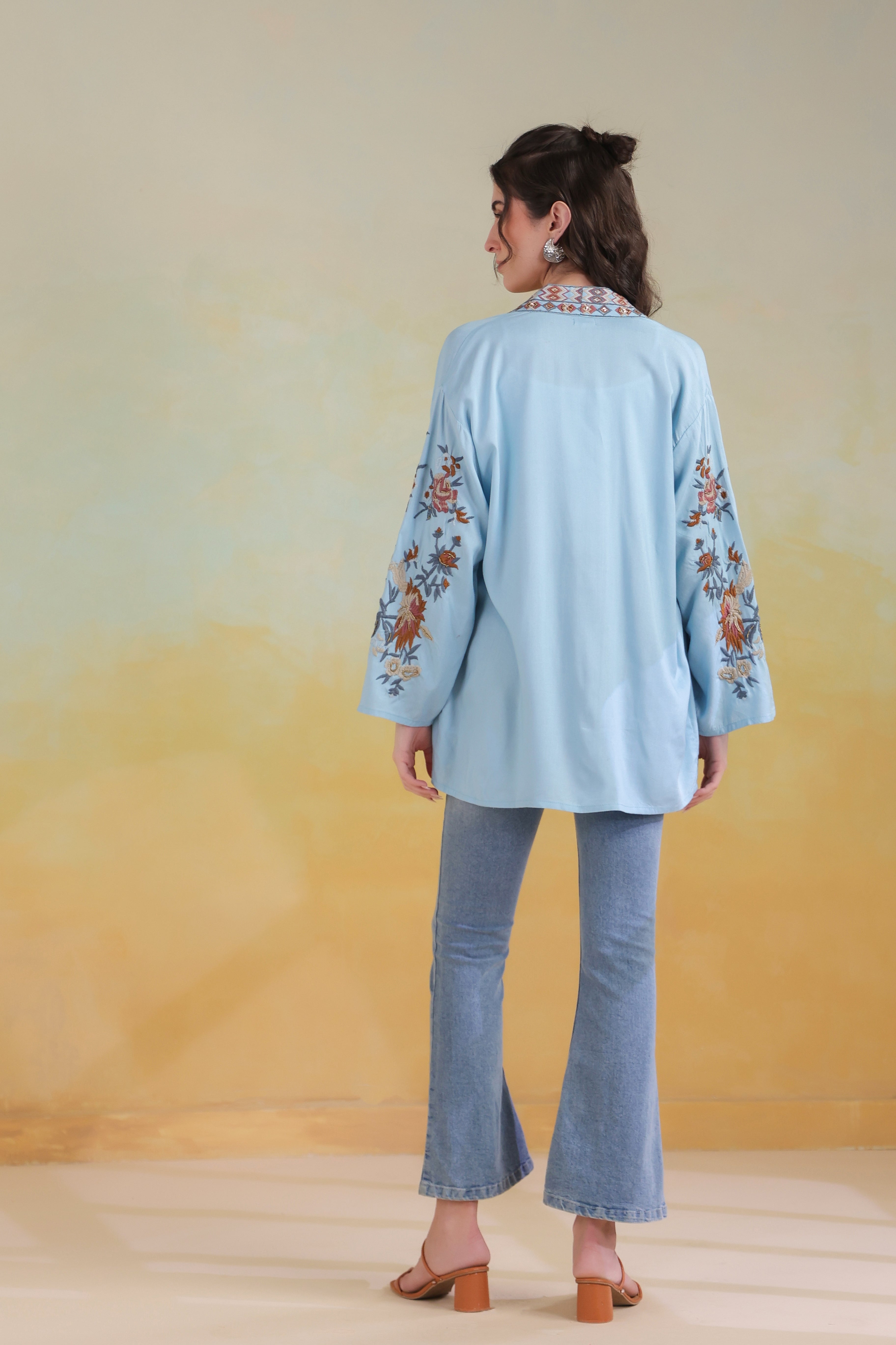 Women’s Sky Blue Viscose Rayon Embroidered Shrug