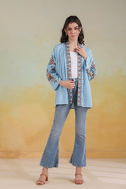 Women’s Sky Blue Viscose Rayon Embroidered Shrug