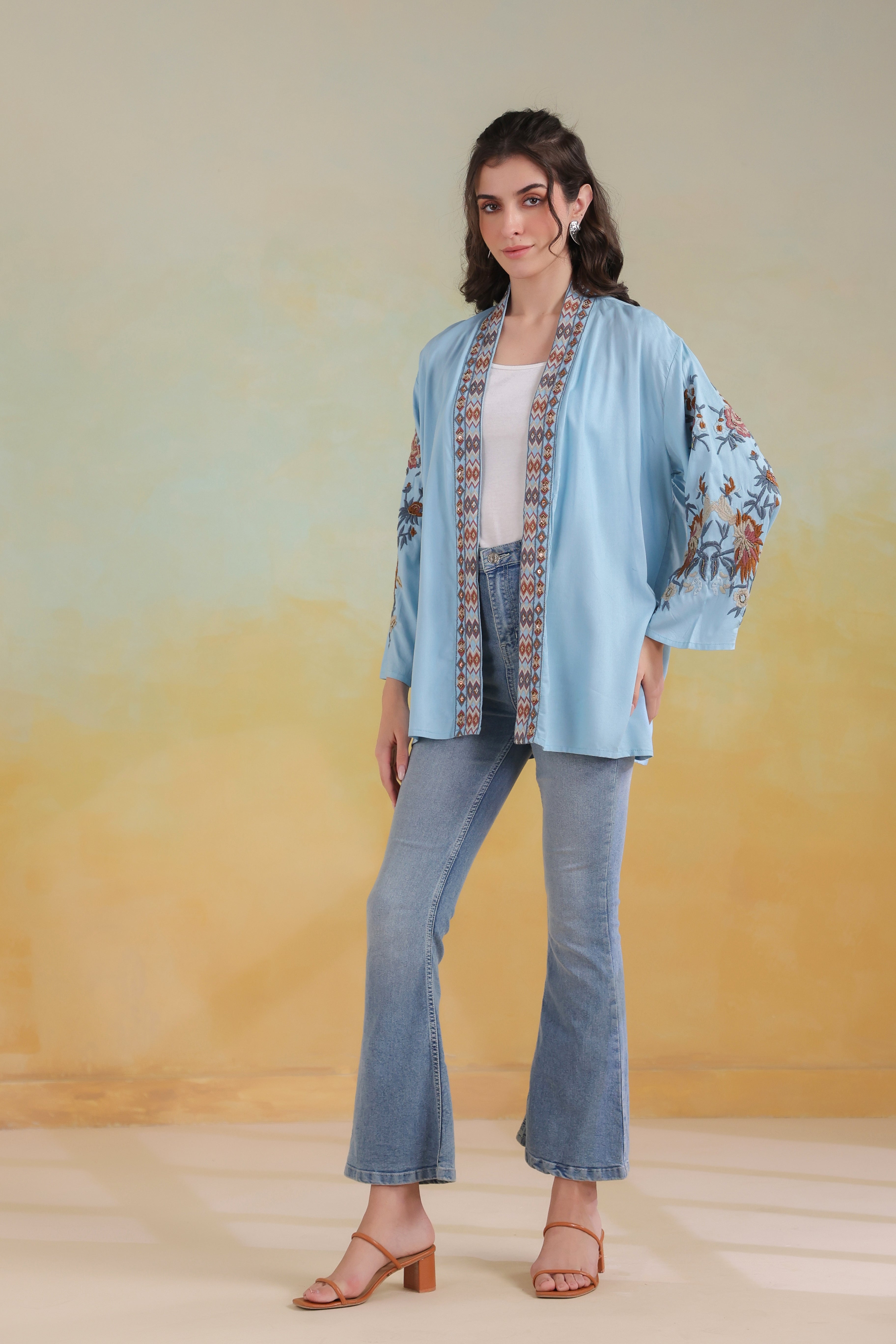Women’s Sky Blue Viscose Rayon Embroidered Shrug