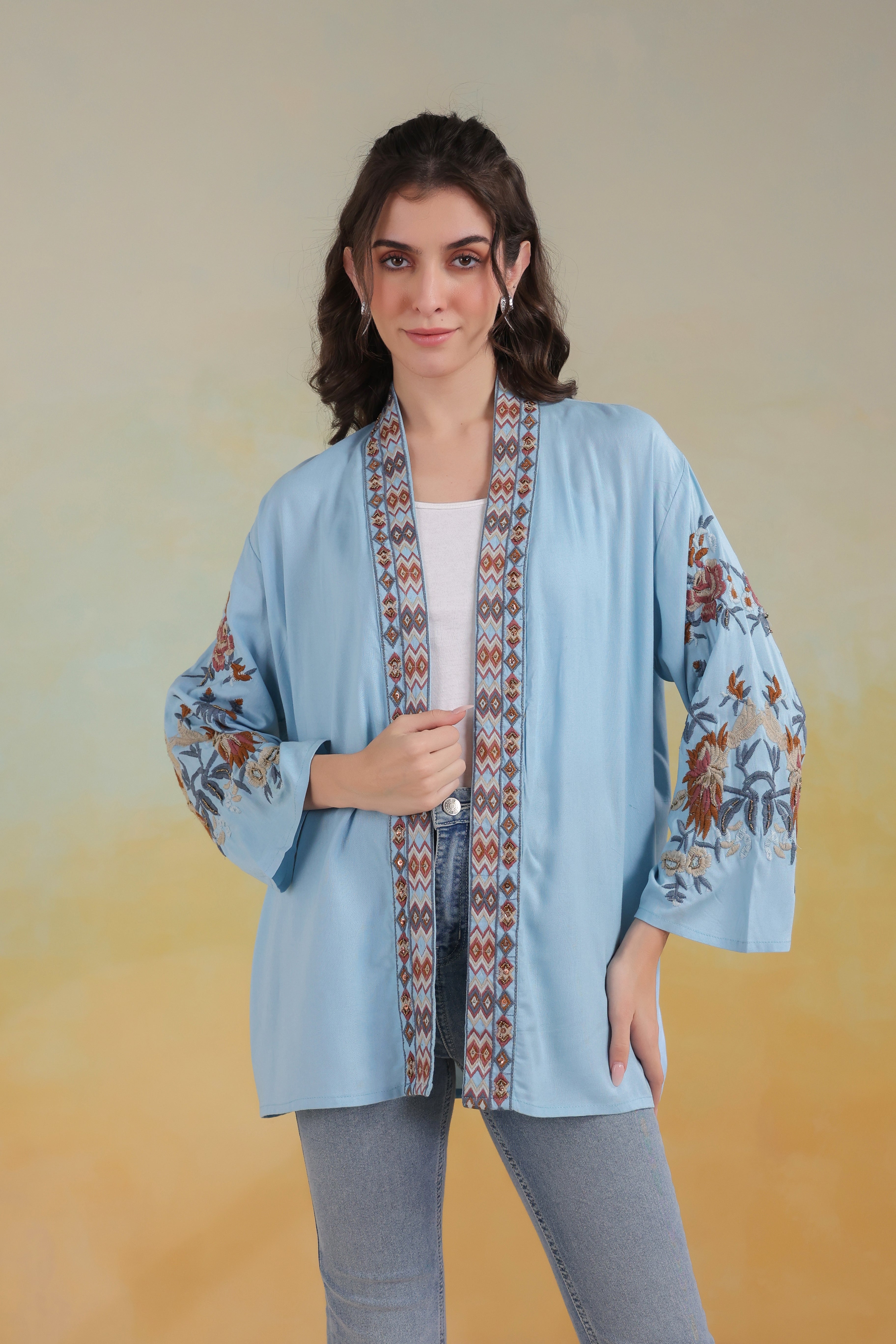 Women’s Sky Blue Viscose Rayon Embroidered Shrug