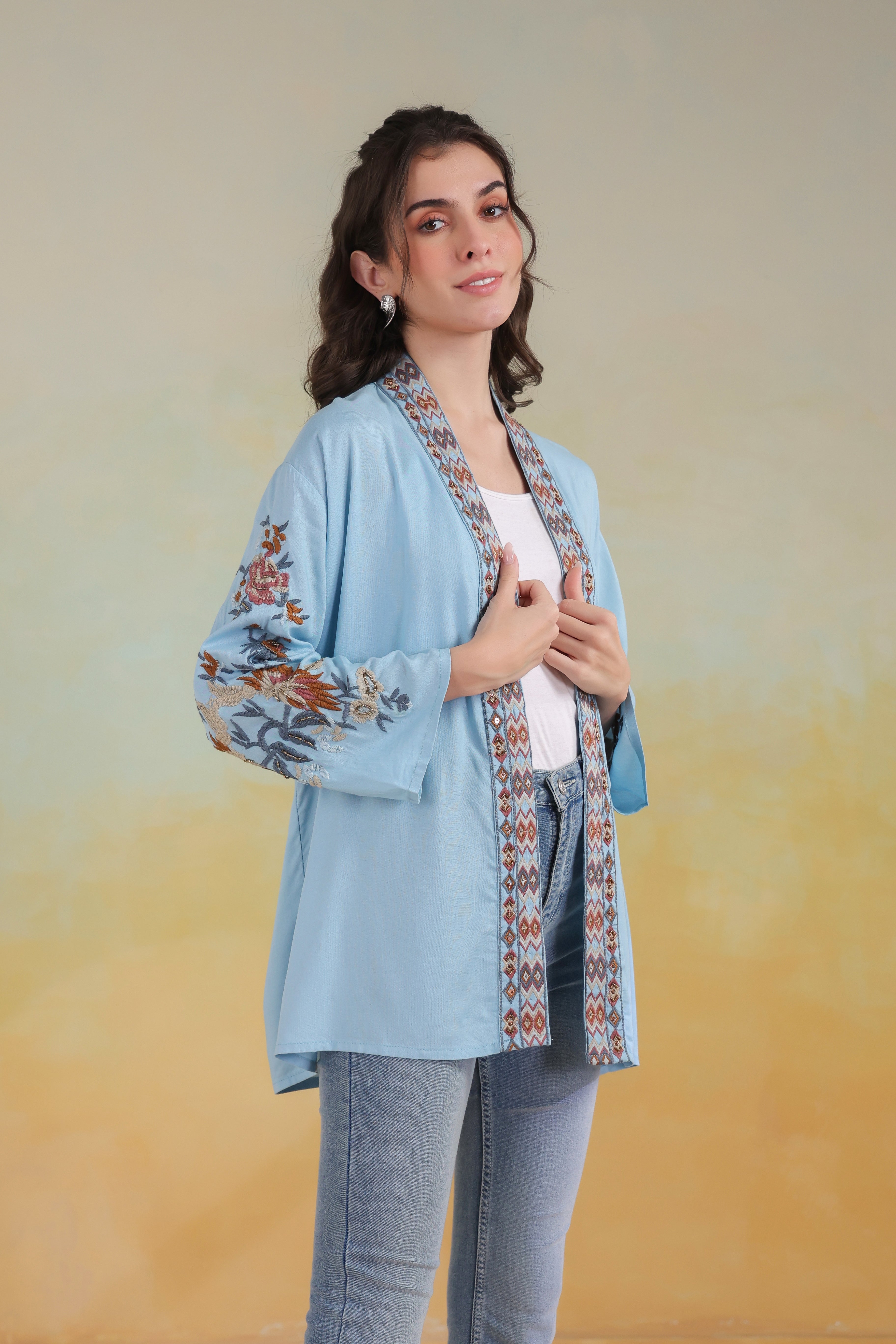Women’s Sky Blue Viscose Rayon Embroidered Shrug