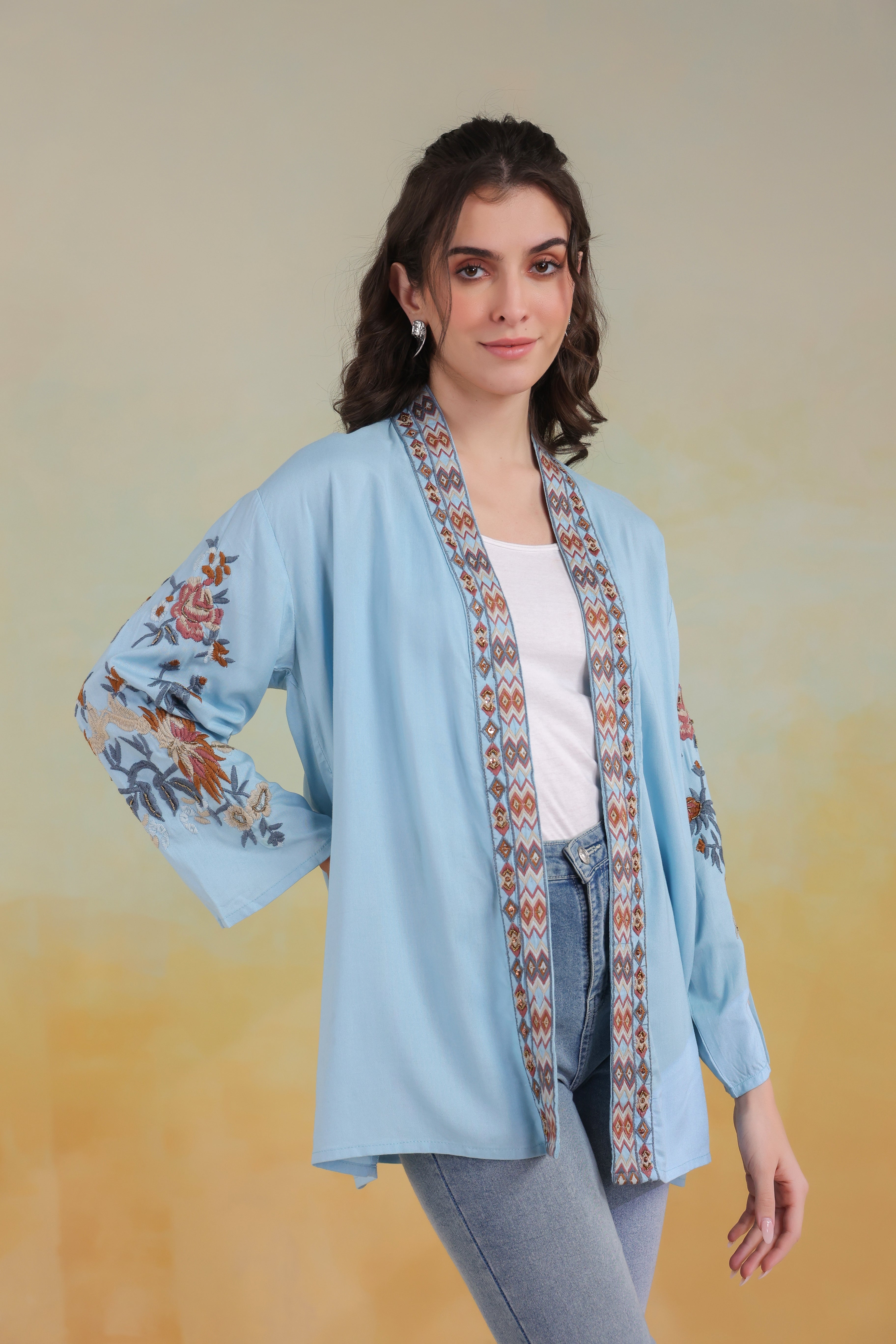 Women’s Sky Blue Viscose Rayon Embroidered Shrug