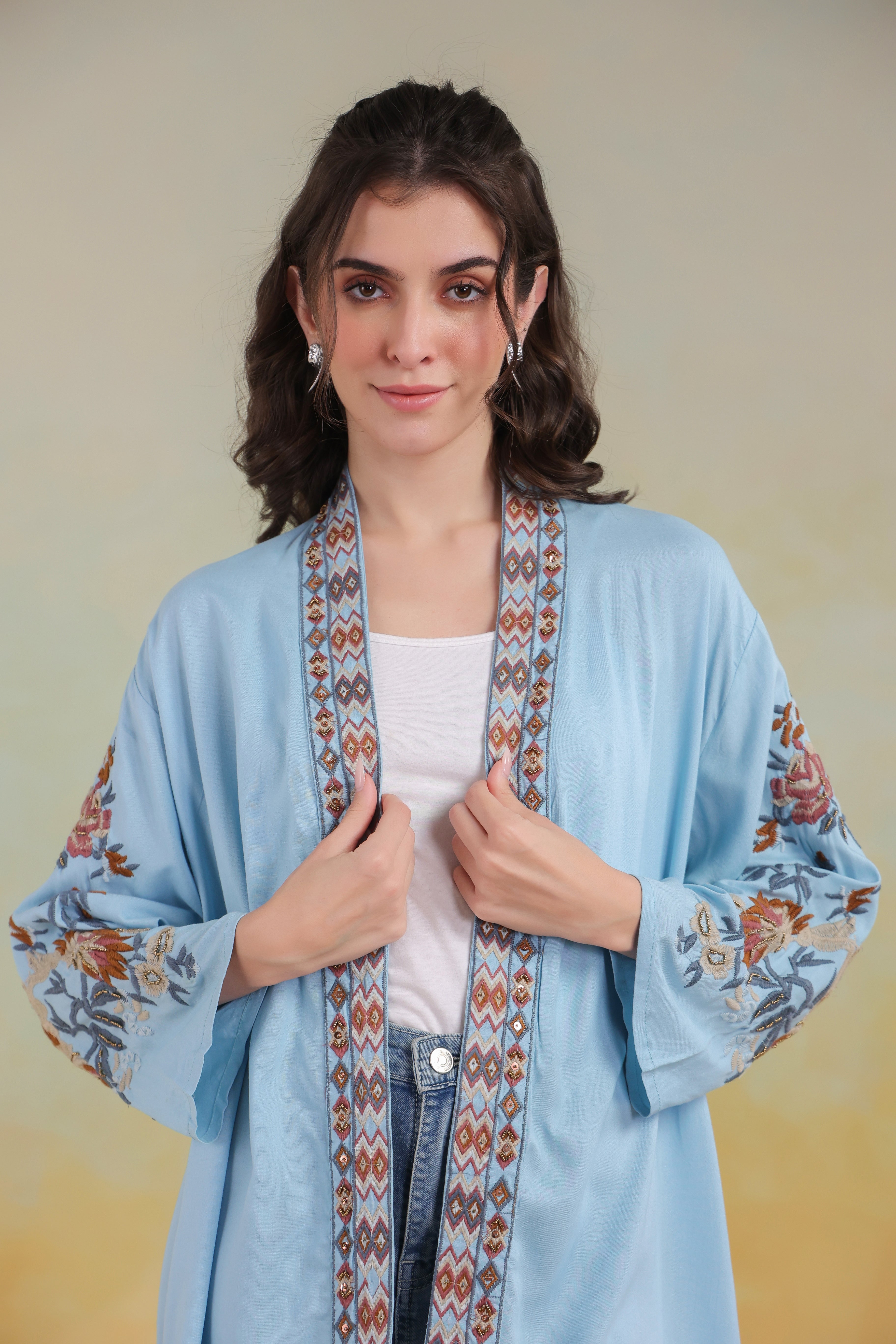 Women’s Sky Blue Viscose Rayon Embroidered Shrug