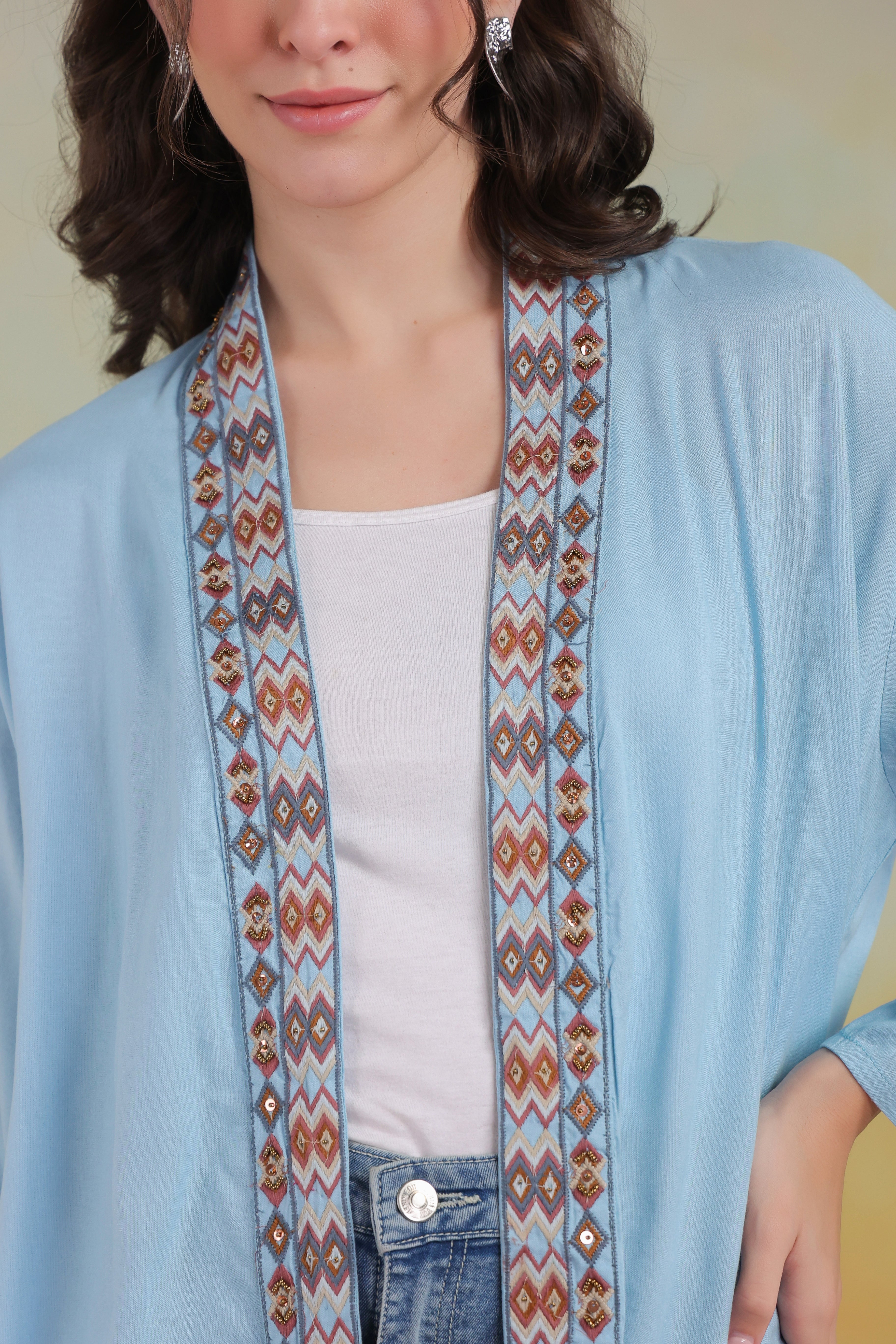 Women’s Sky Blue Viscose Rayon Embroidered Shrug