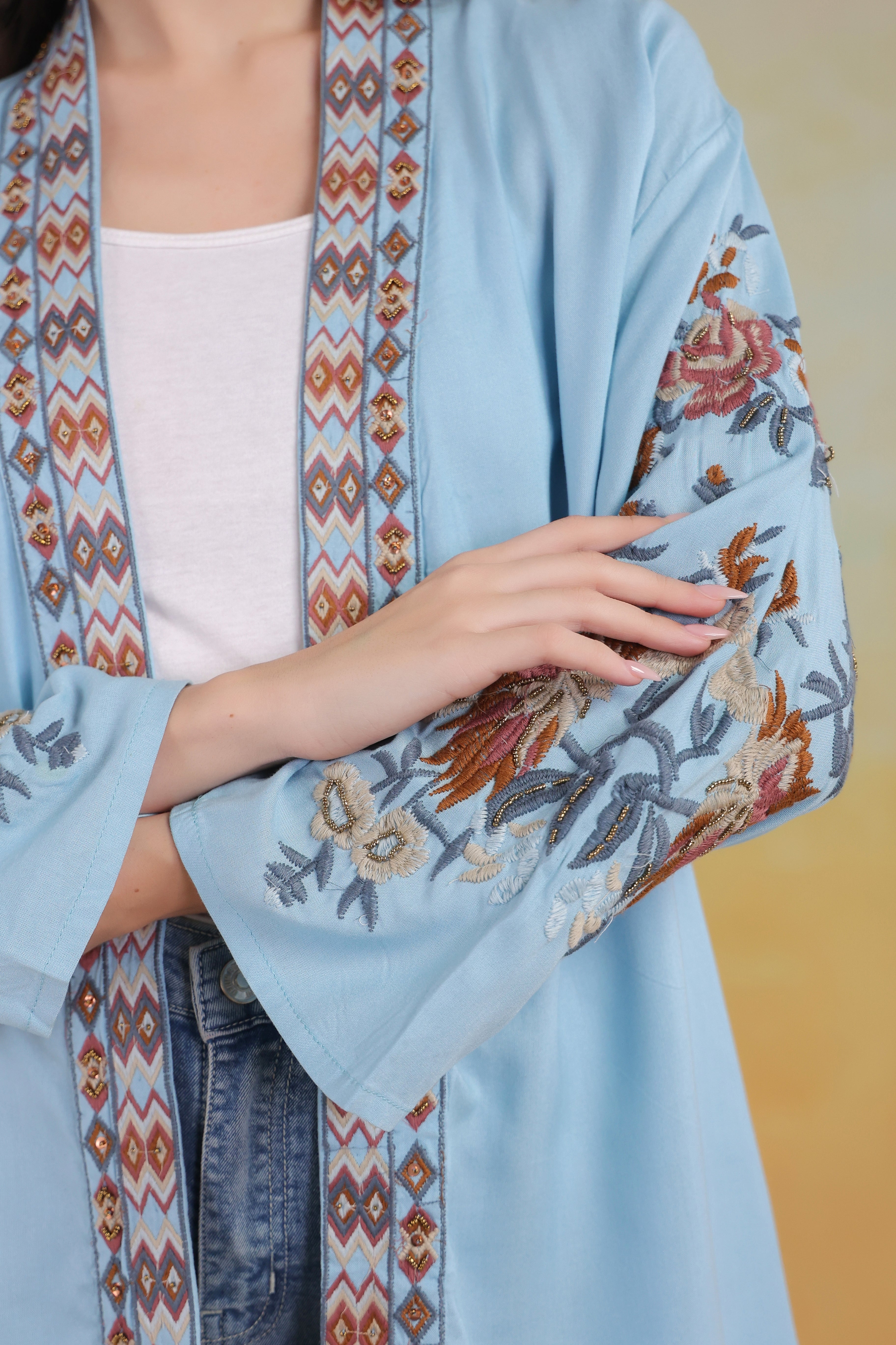 Women’s Sky Blue Viscose Rayon Embroidered Shrug