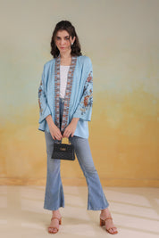 Women’s Sky Blue Viscose Rayon Embroidered Shrug