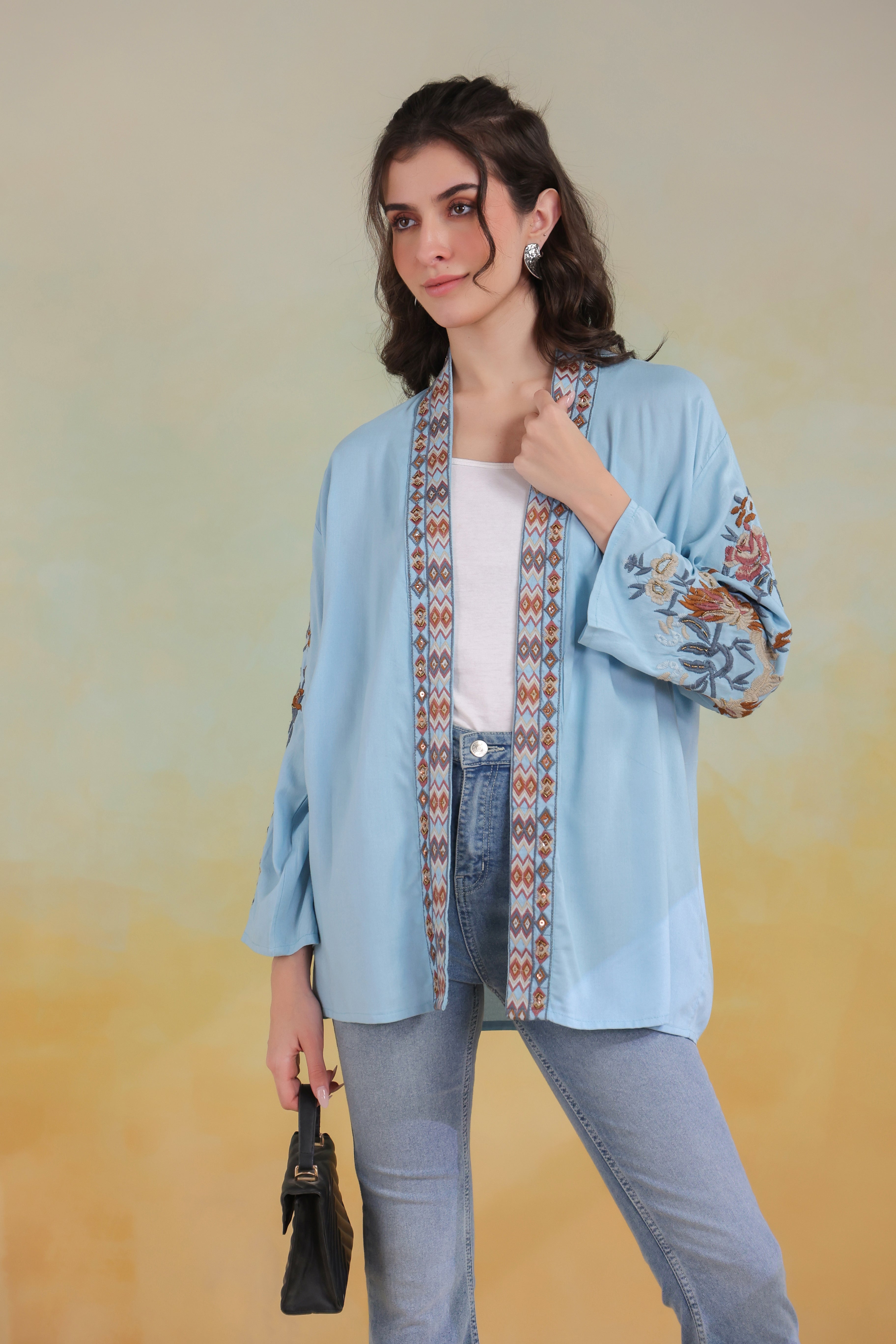 Women’s Sky Blue Viscose Rayon Embroidered Shrug