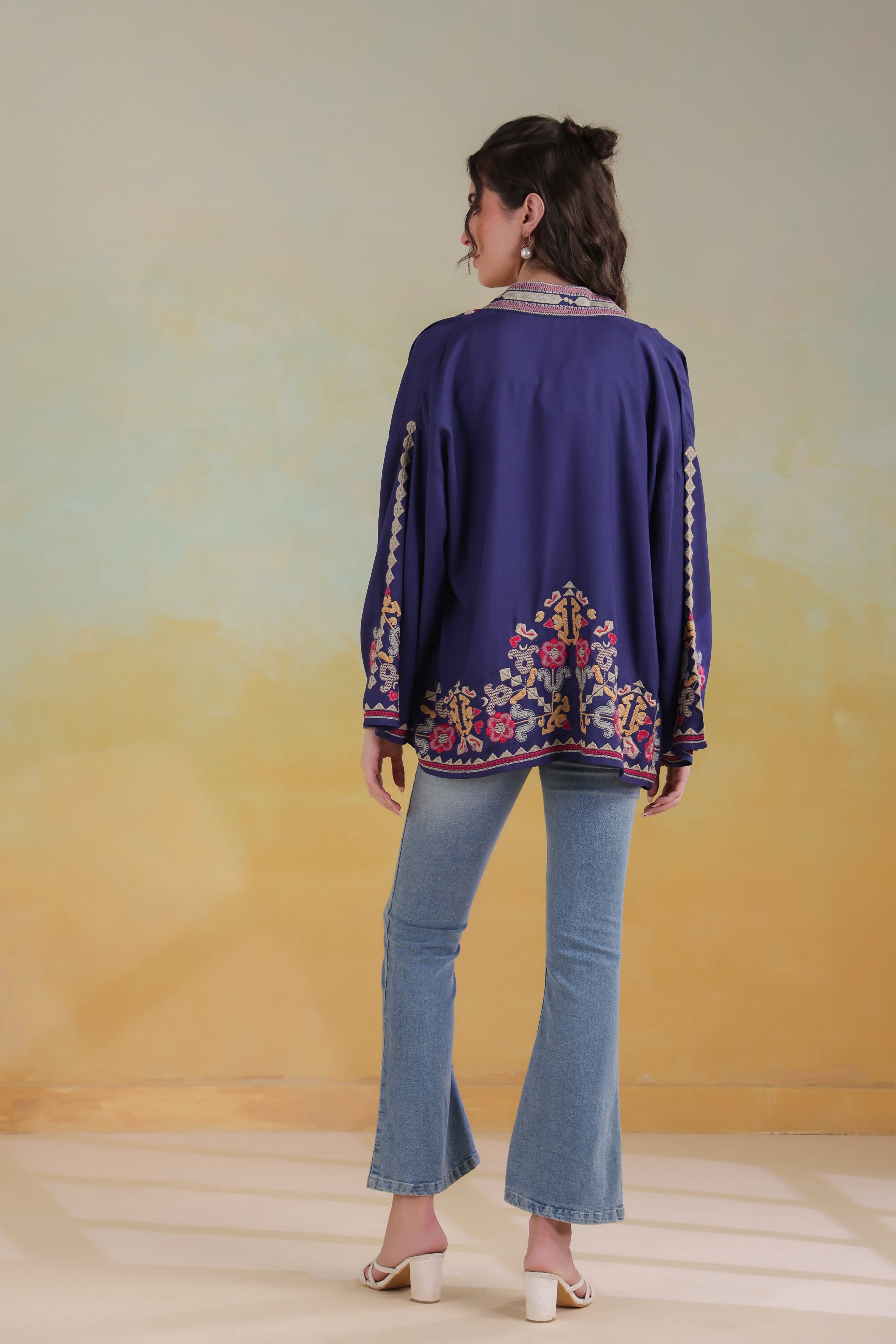 Women’s Blue Rayon Solid Embroidered Shrug