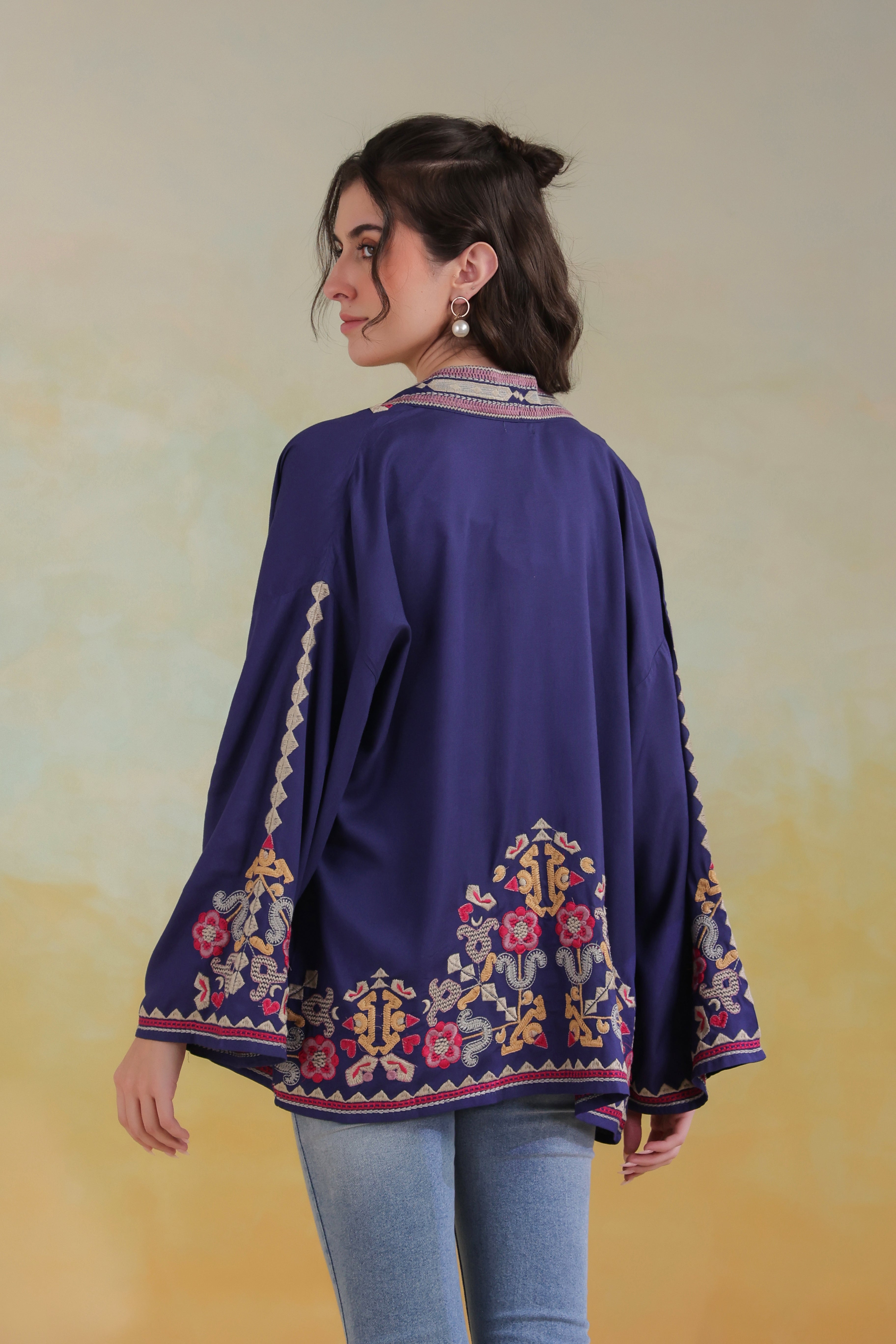 Women’s Blue Rayon Solid Embroidered Shrug