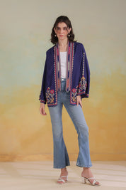 Women’s Blue Rayon Solid Embroidered Shrug