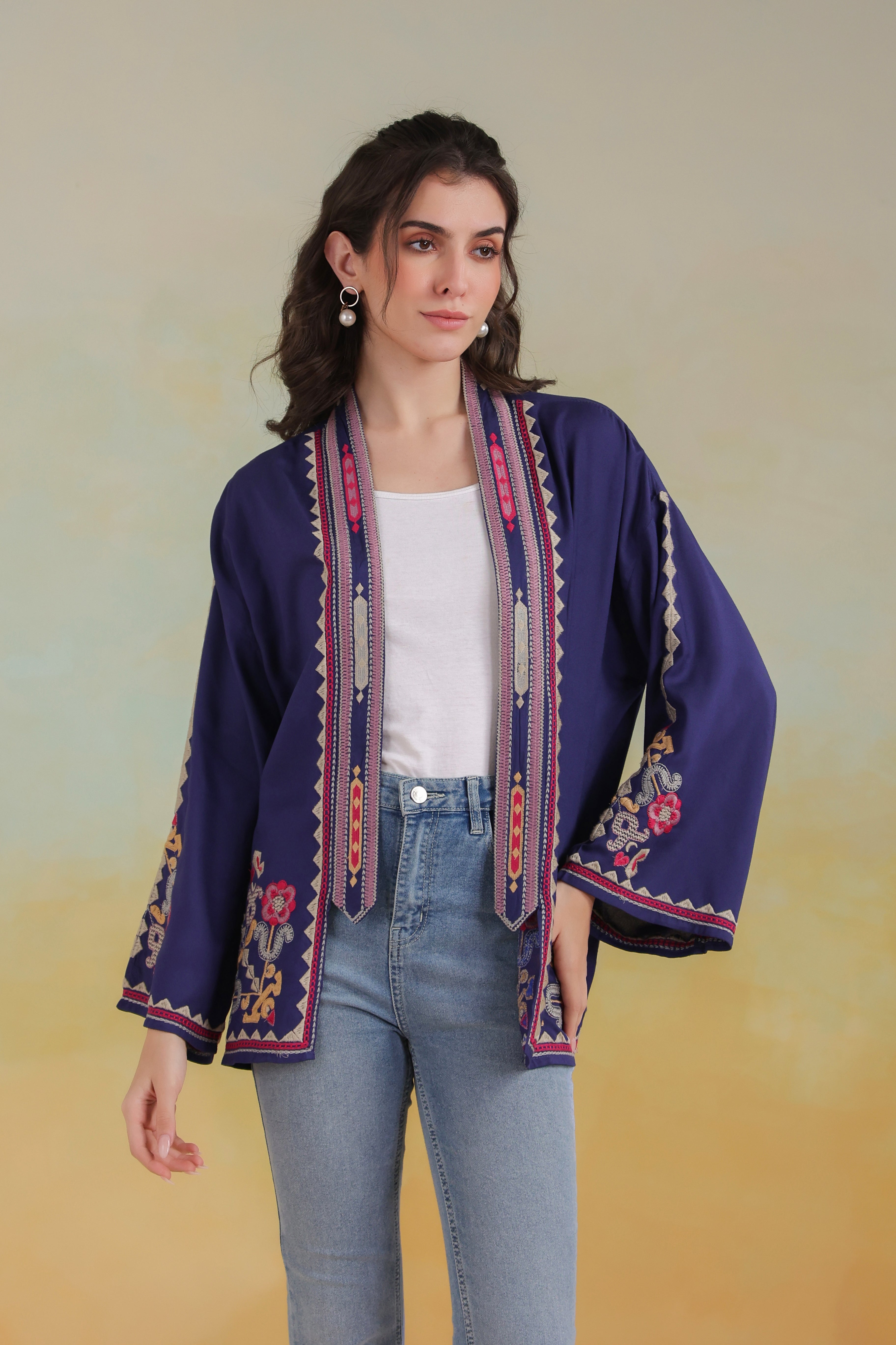 Women’s Blue Rayon Solid Embroidered Shrug