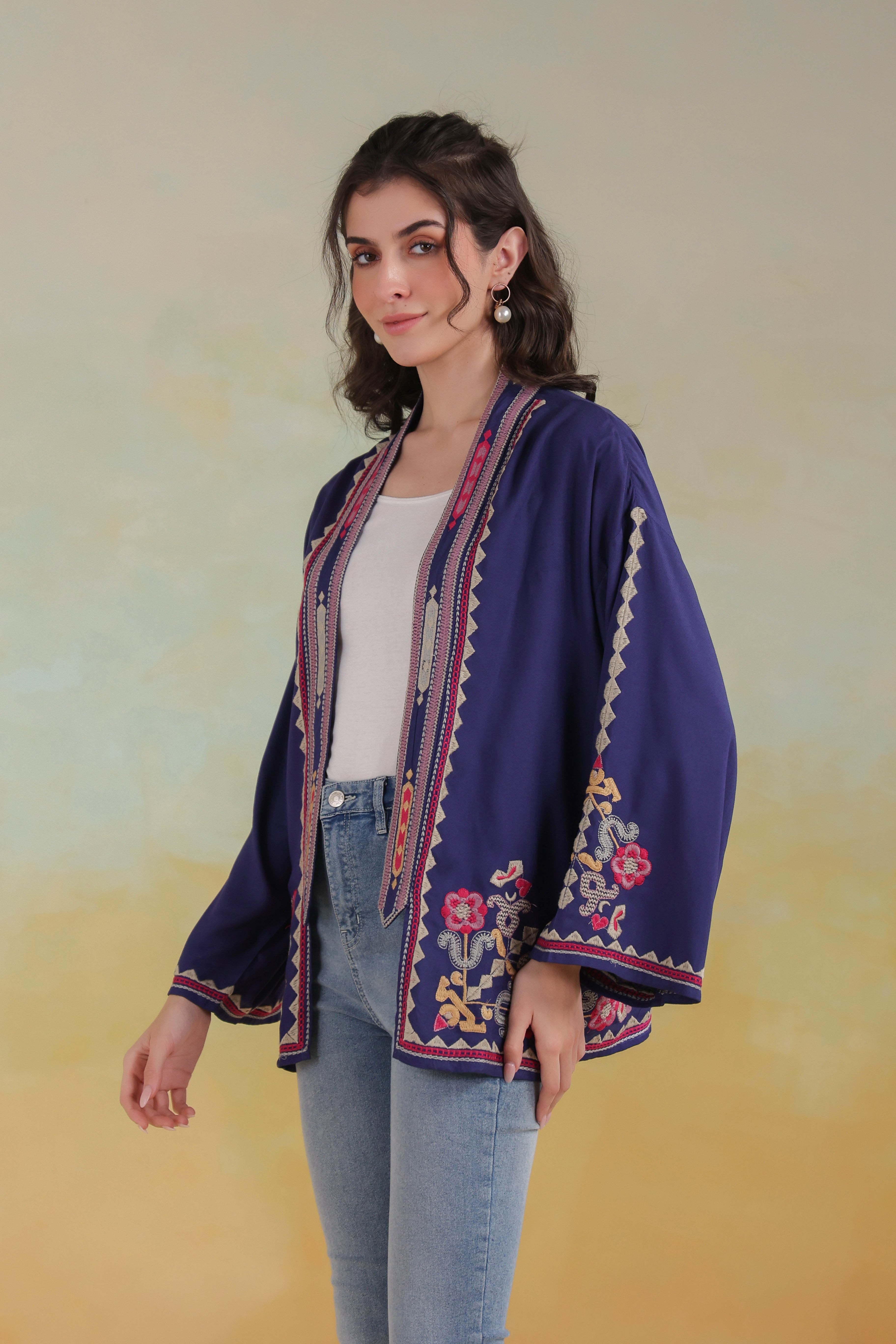 Women’s Blue Rayon Solid Embroidered Shrug