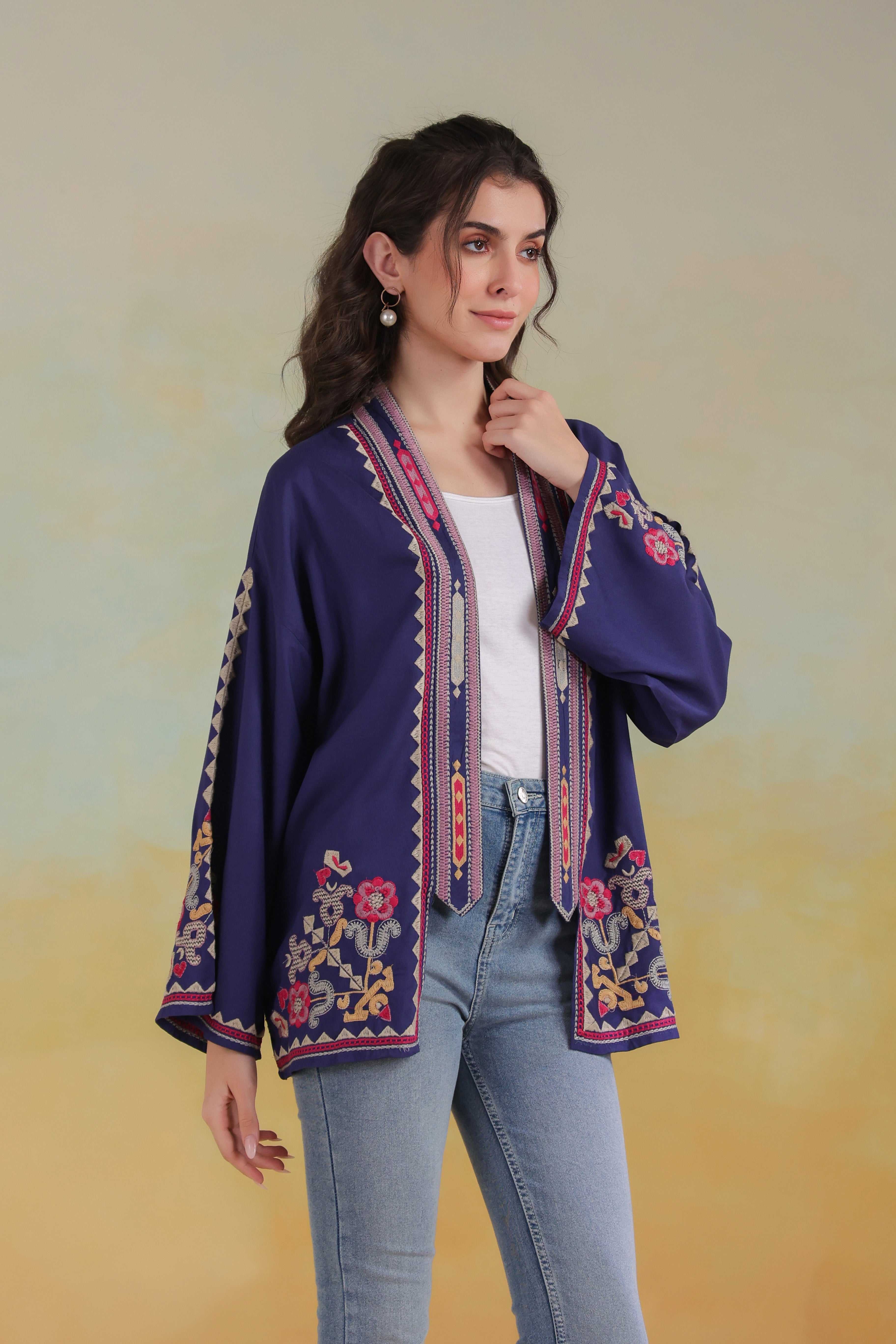 Women’s Blue Rayon Solid Embroidered Shrug