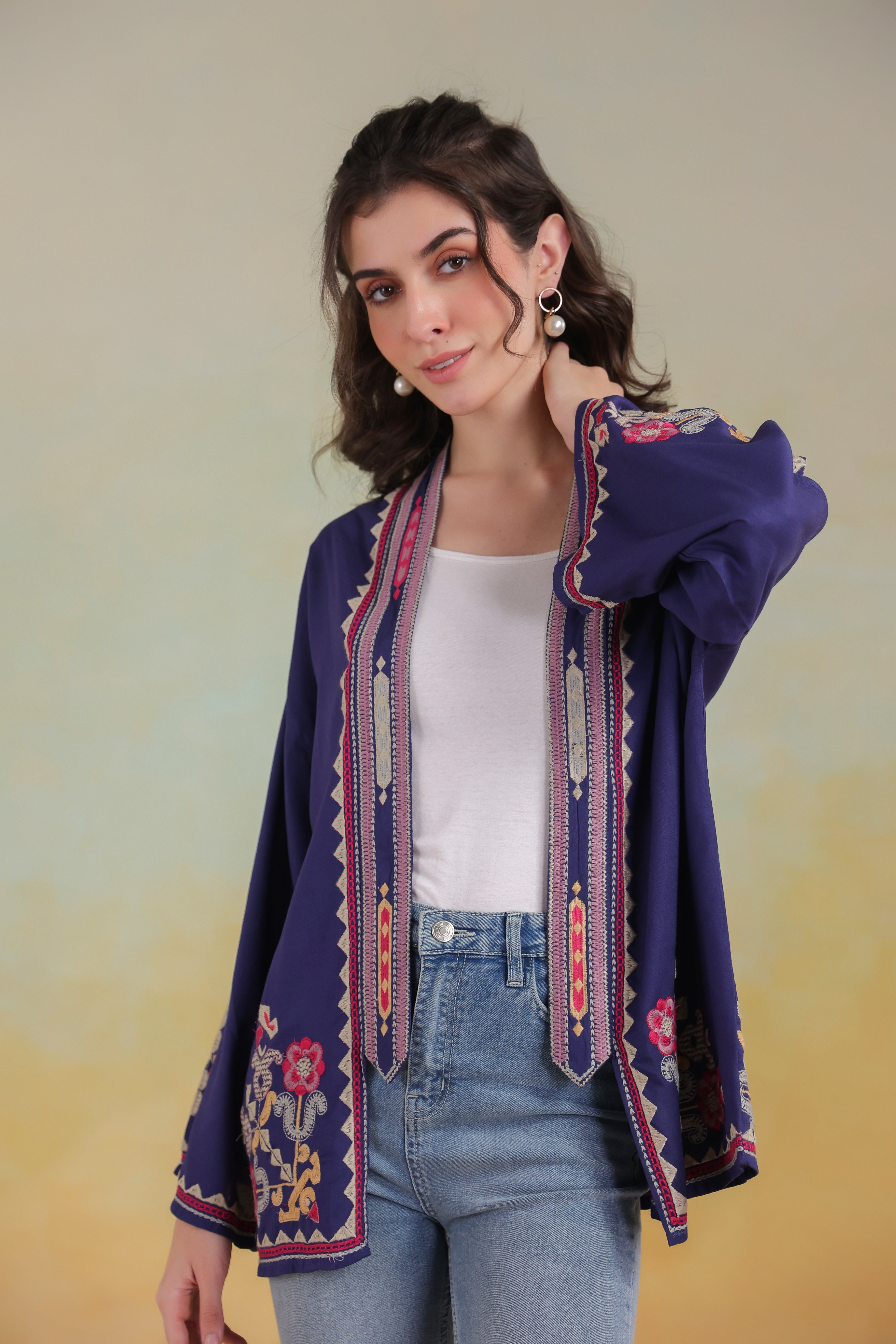 Women’s Blue Rayon Solid Embroidered Shrug