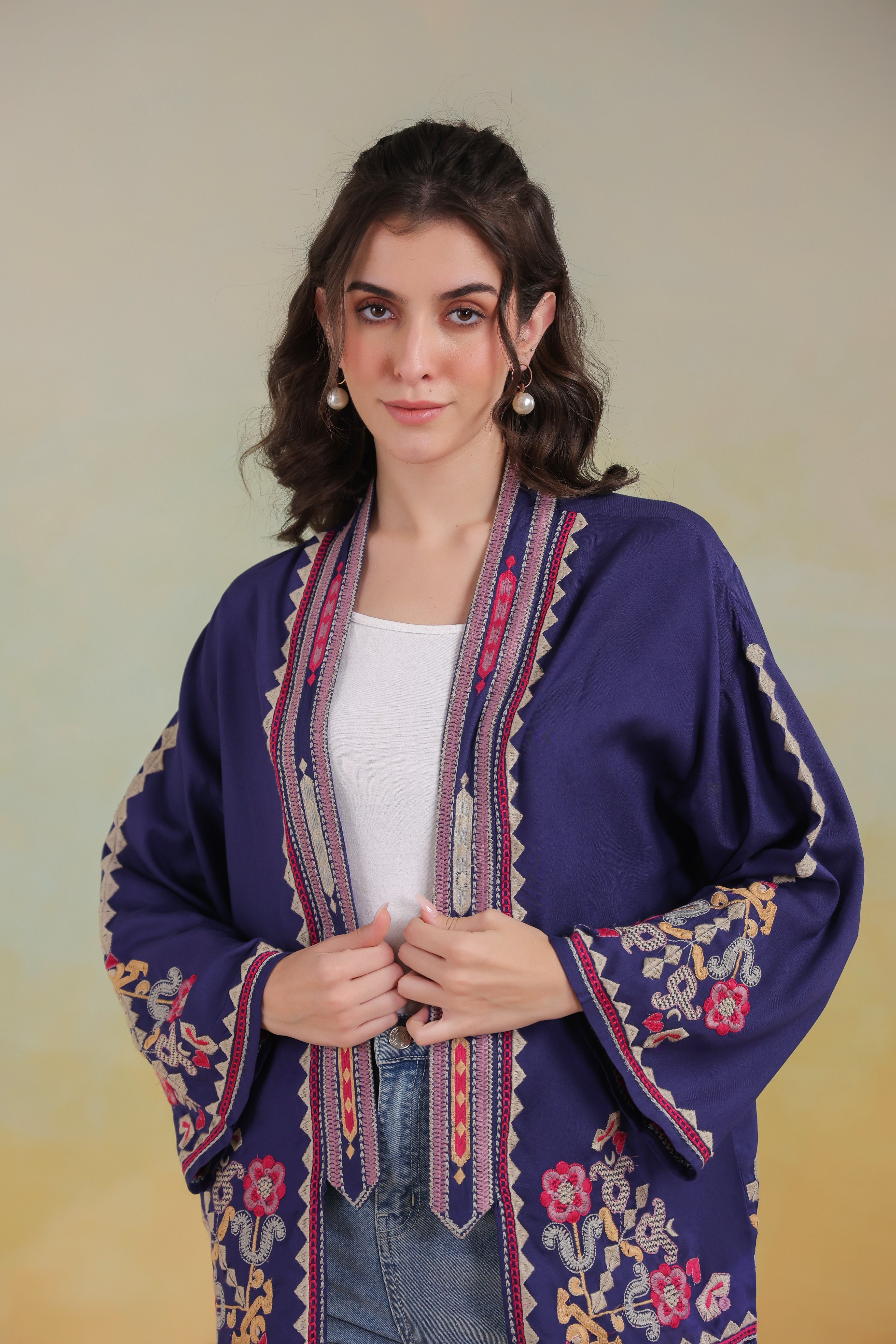 Women’s Blue Rayon Solid Embroidered Shrug