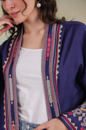 Women’s Blue Rayon Solid Embroidered Shrug
