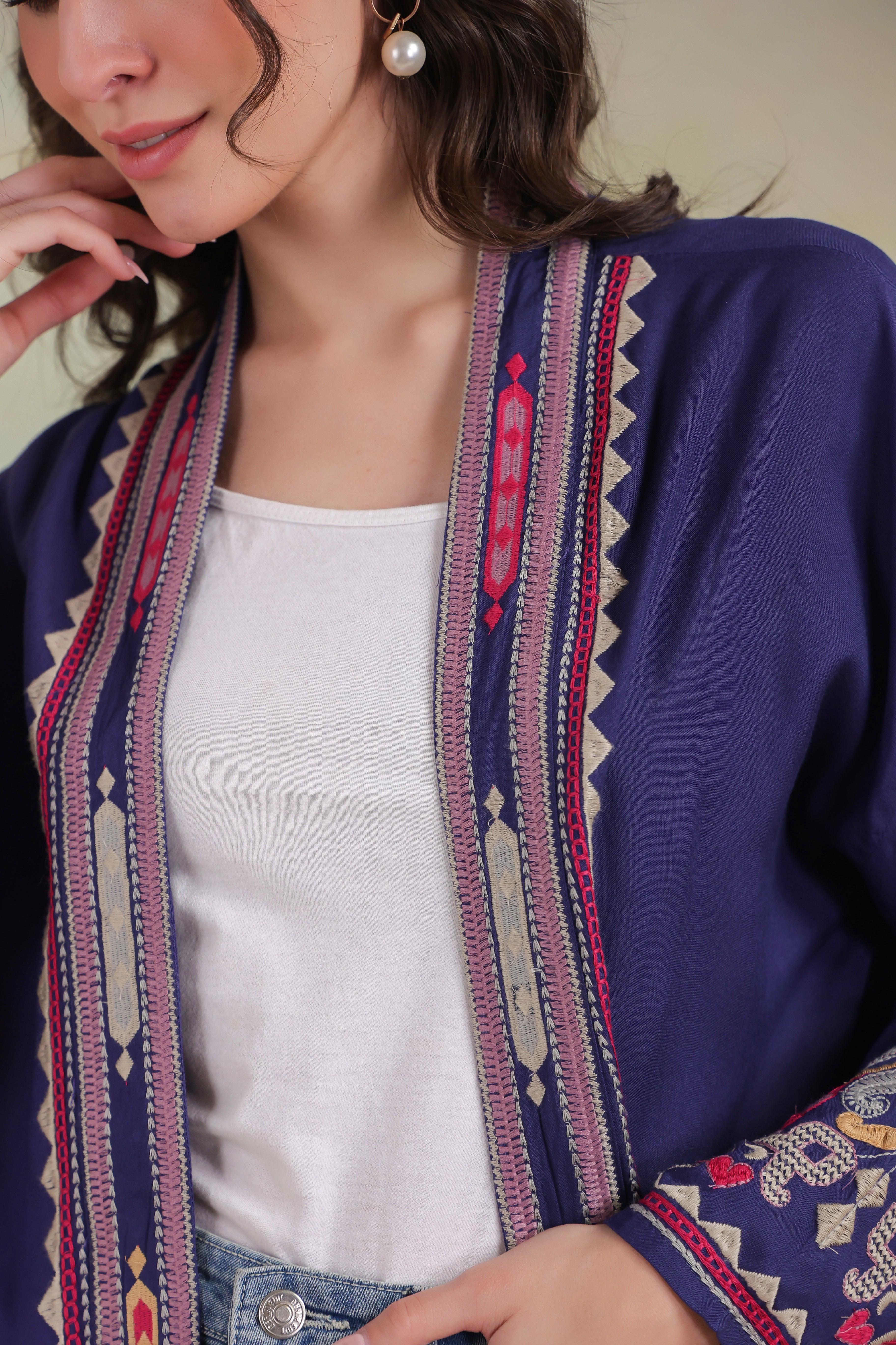 Women’s Blue Rayon Solid Embroidered Shrug