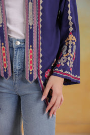 Women’s Blue Rayon Solid Embroidered Shrug