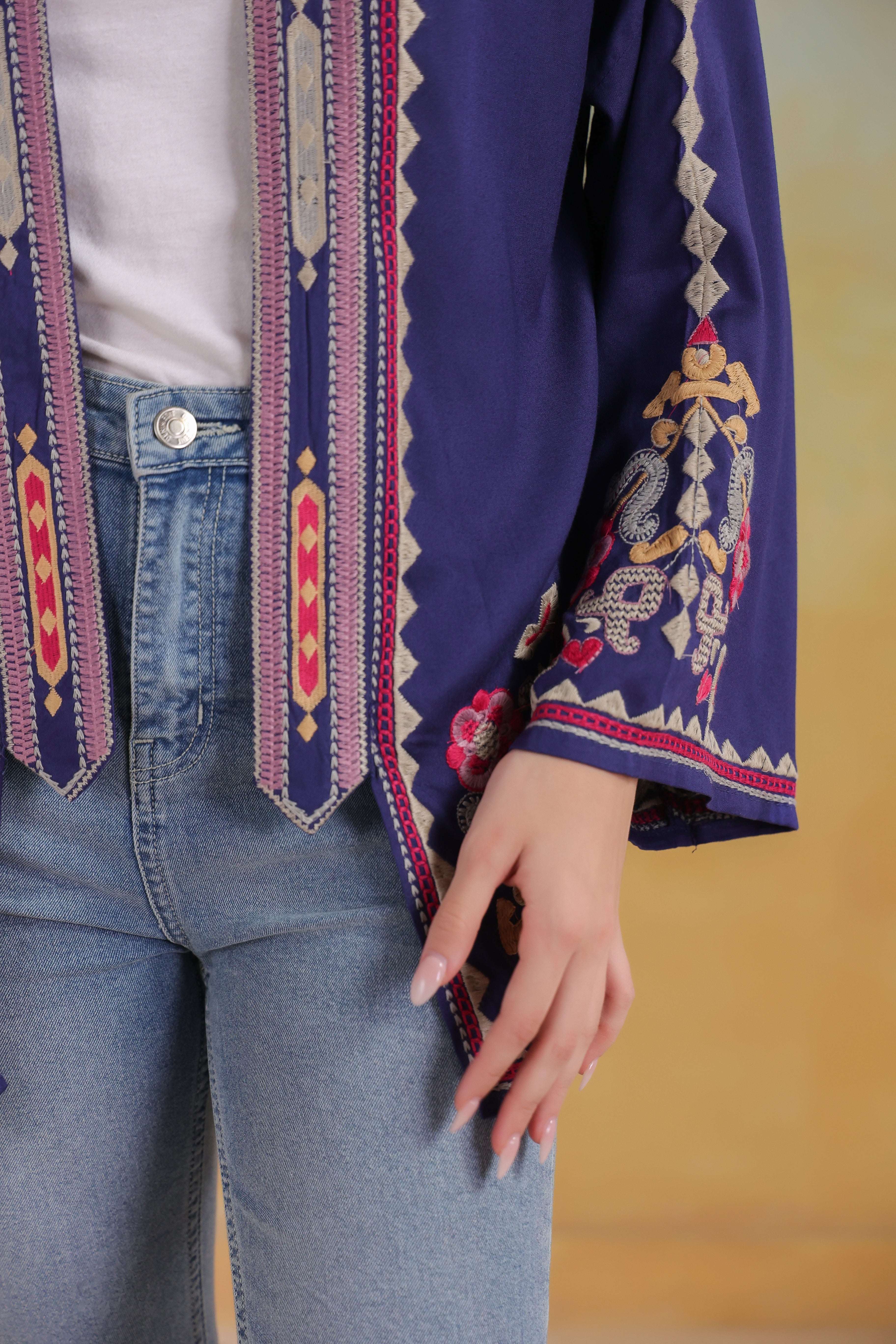 Women’s Blue Rayon Solid Embroidered Shrug