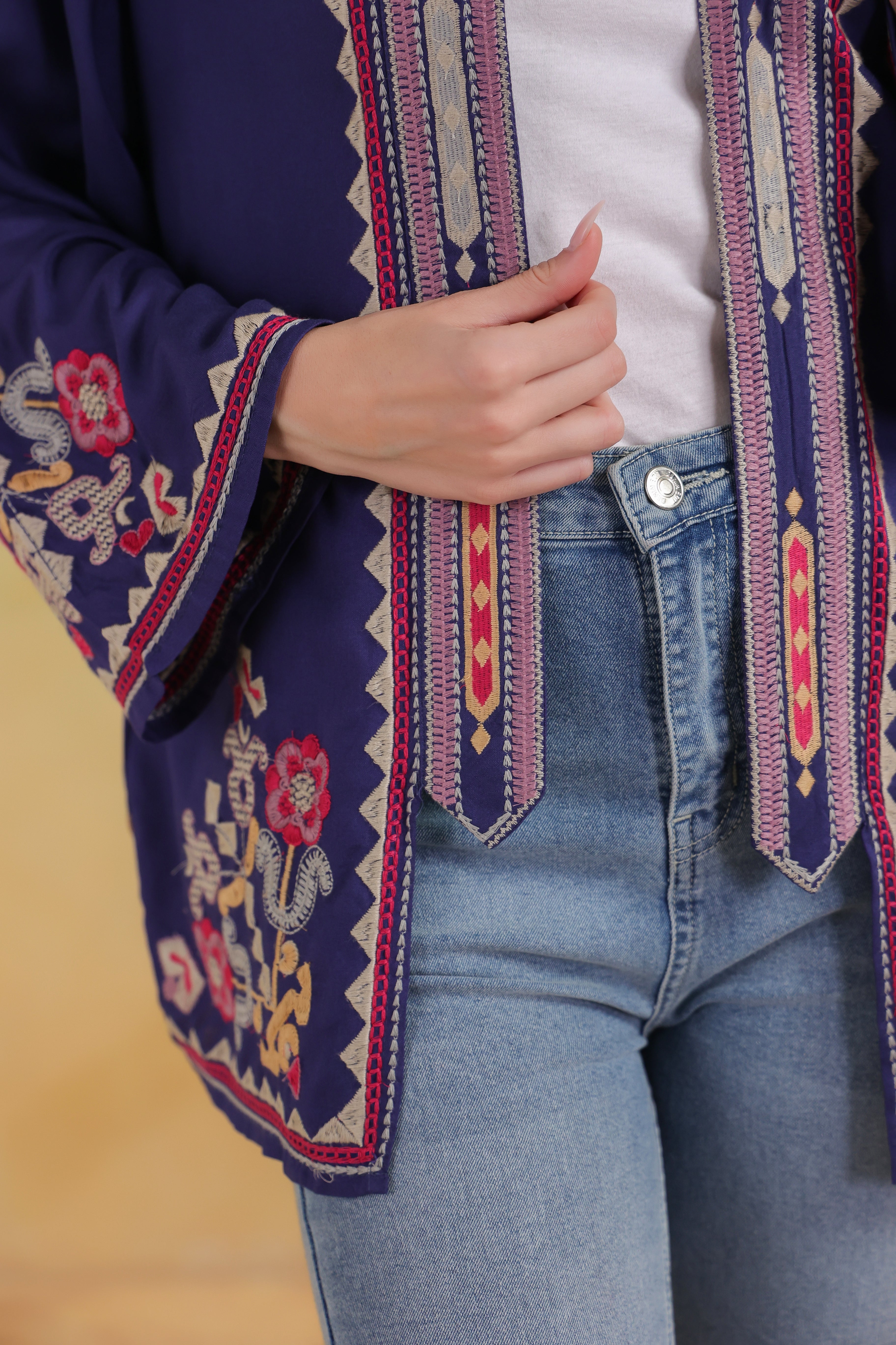 Women’s Blue Rayon Solid Embroidered Shrug