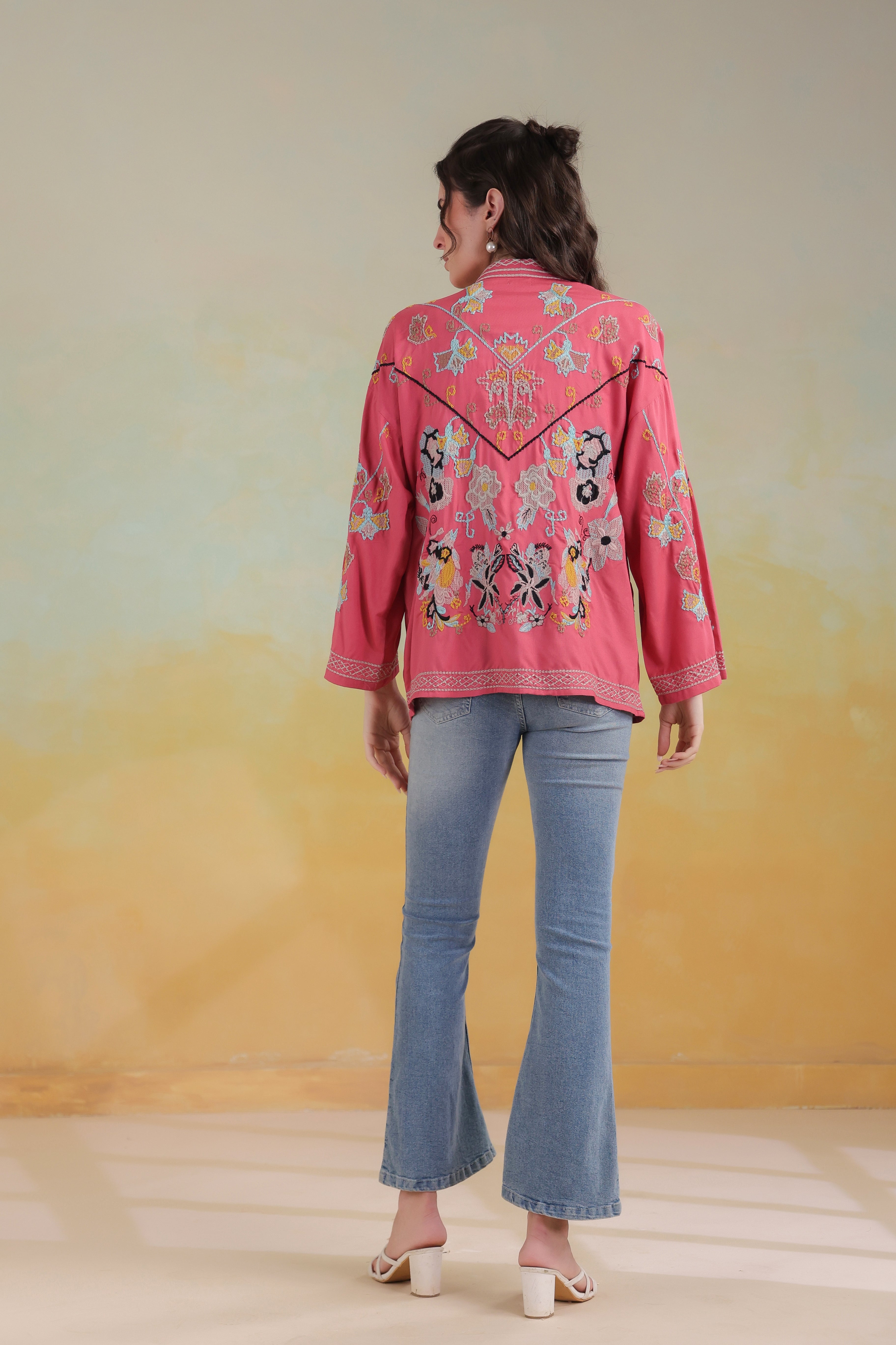 Women’s Peach Rayon Solid Embroidered Shrug