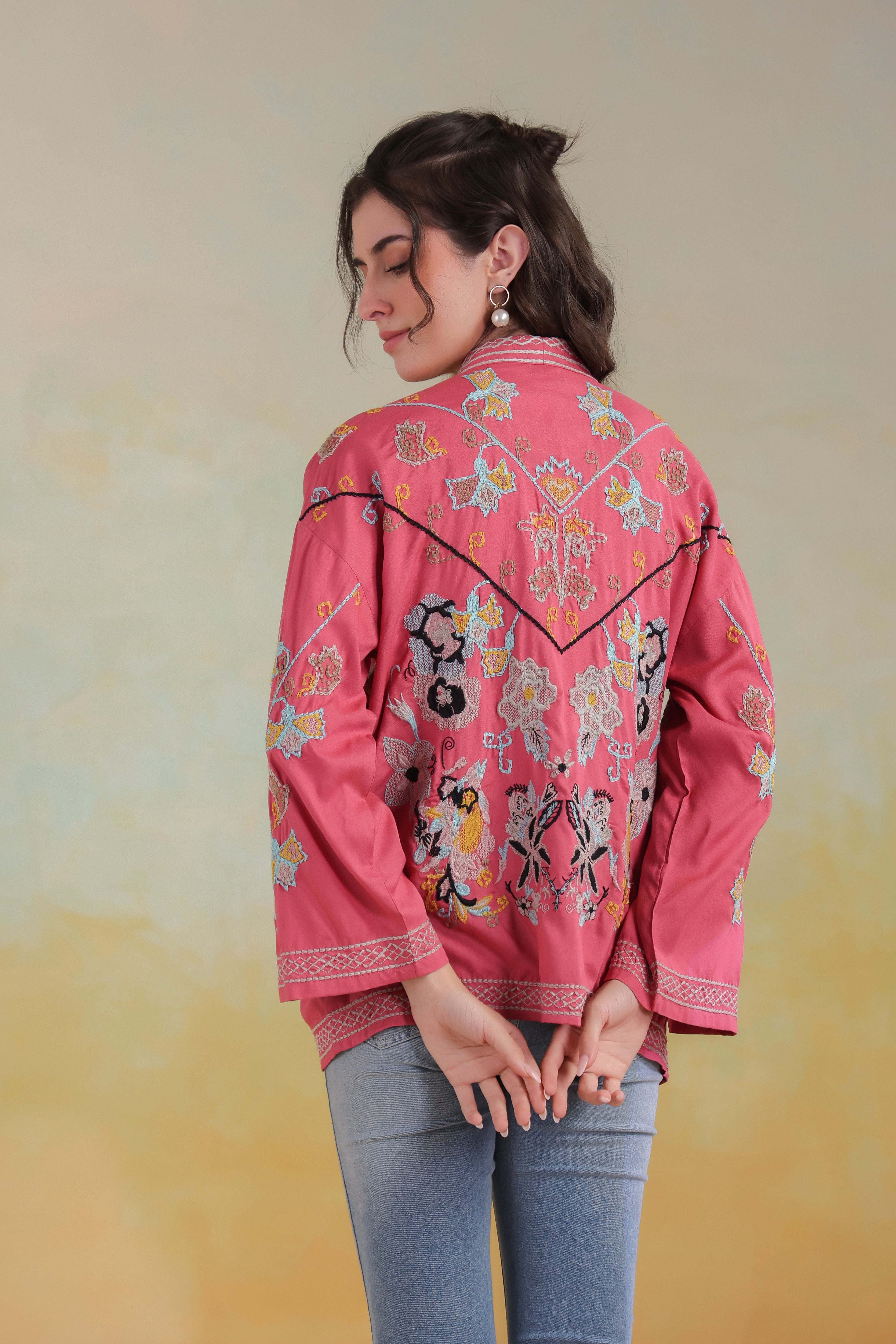 Women’s Peach Rayon Solid Embroidered Shrug