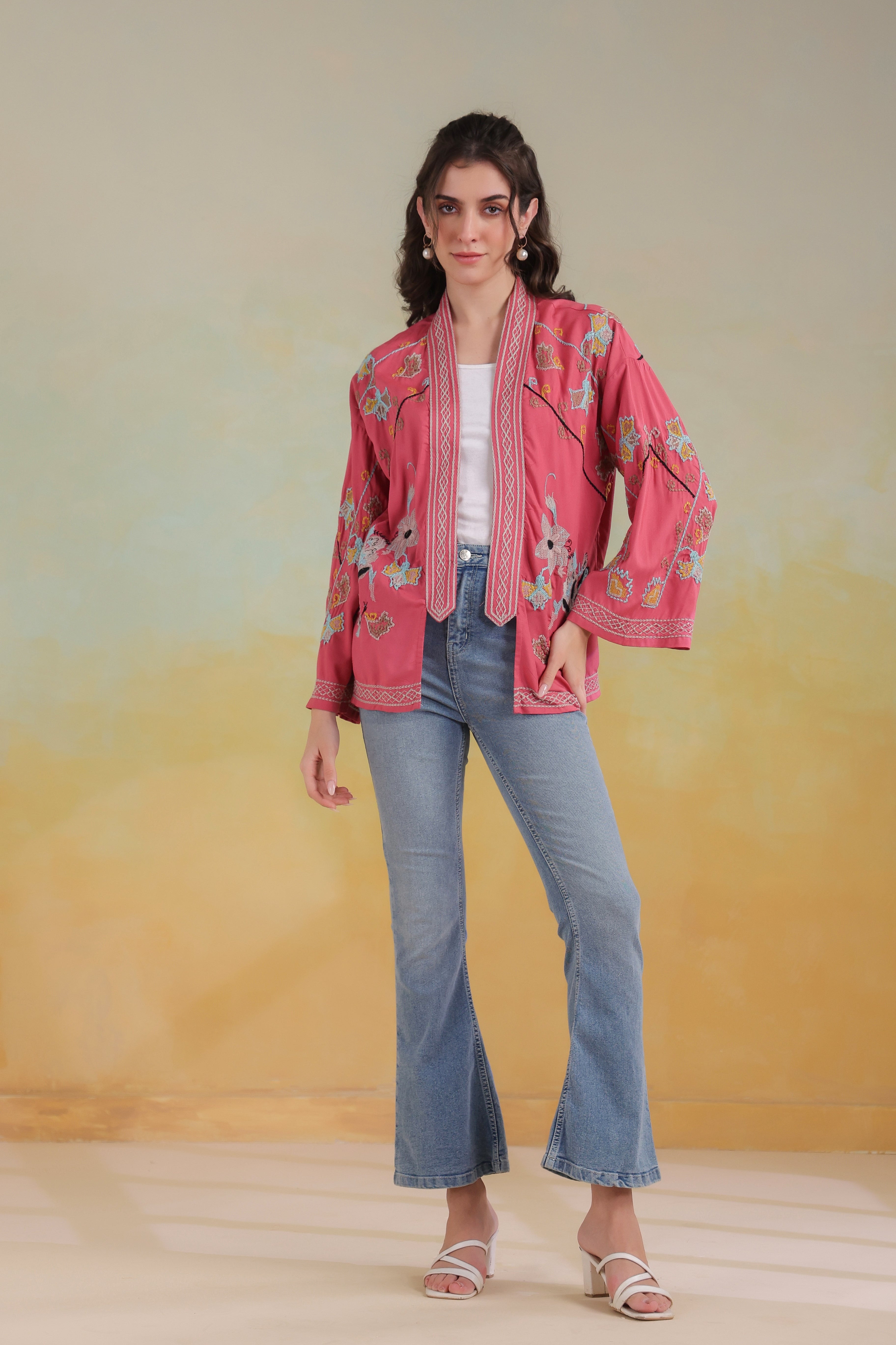Women’s Peach Rayon Solid Embroidered Shrug