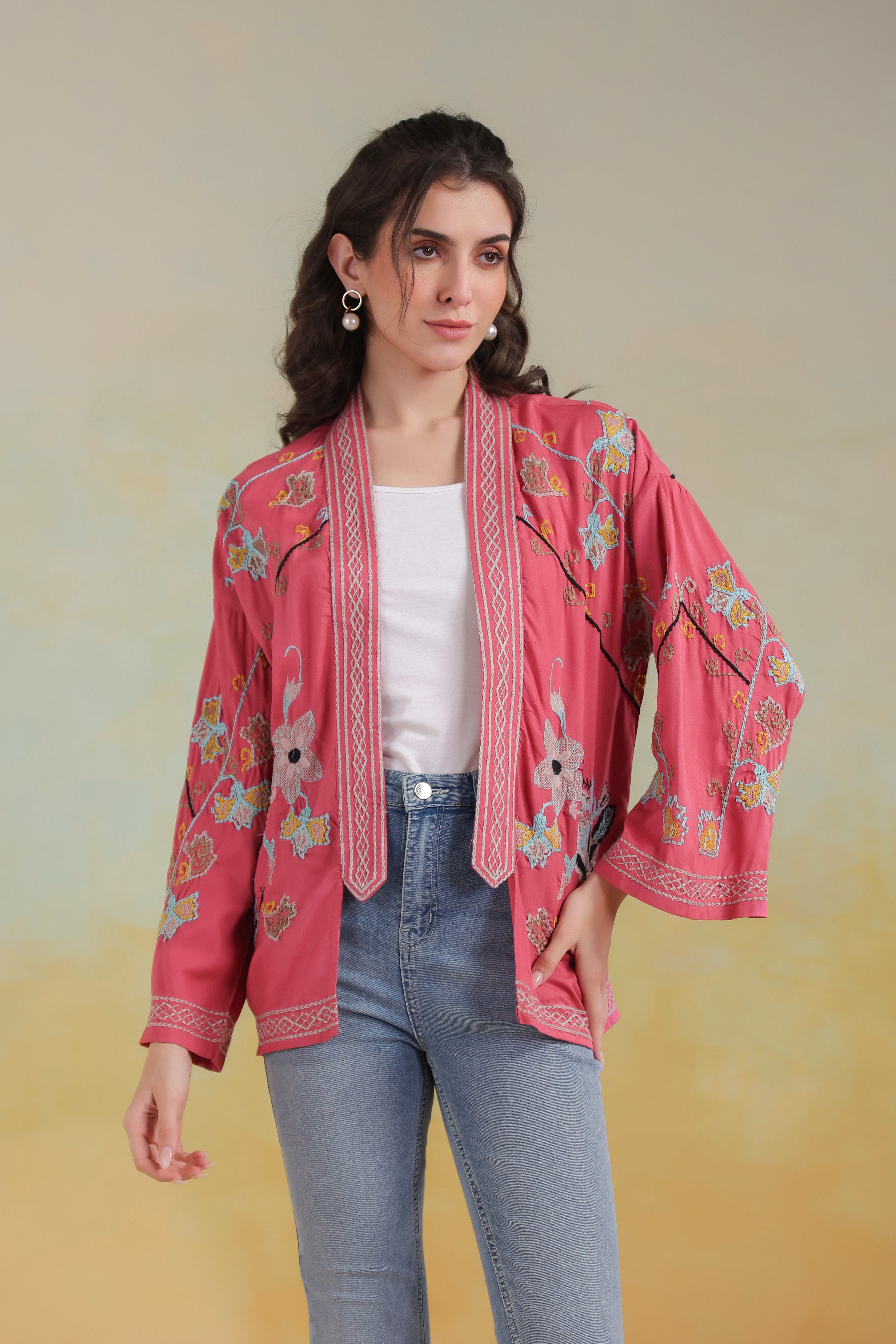 Women’s Peach Rayon Solid Embroidered Shrug