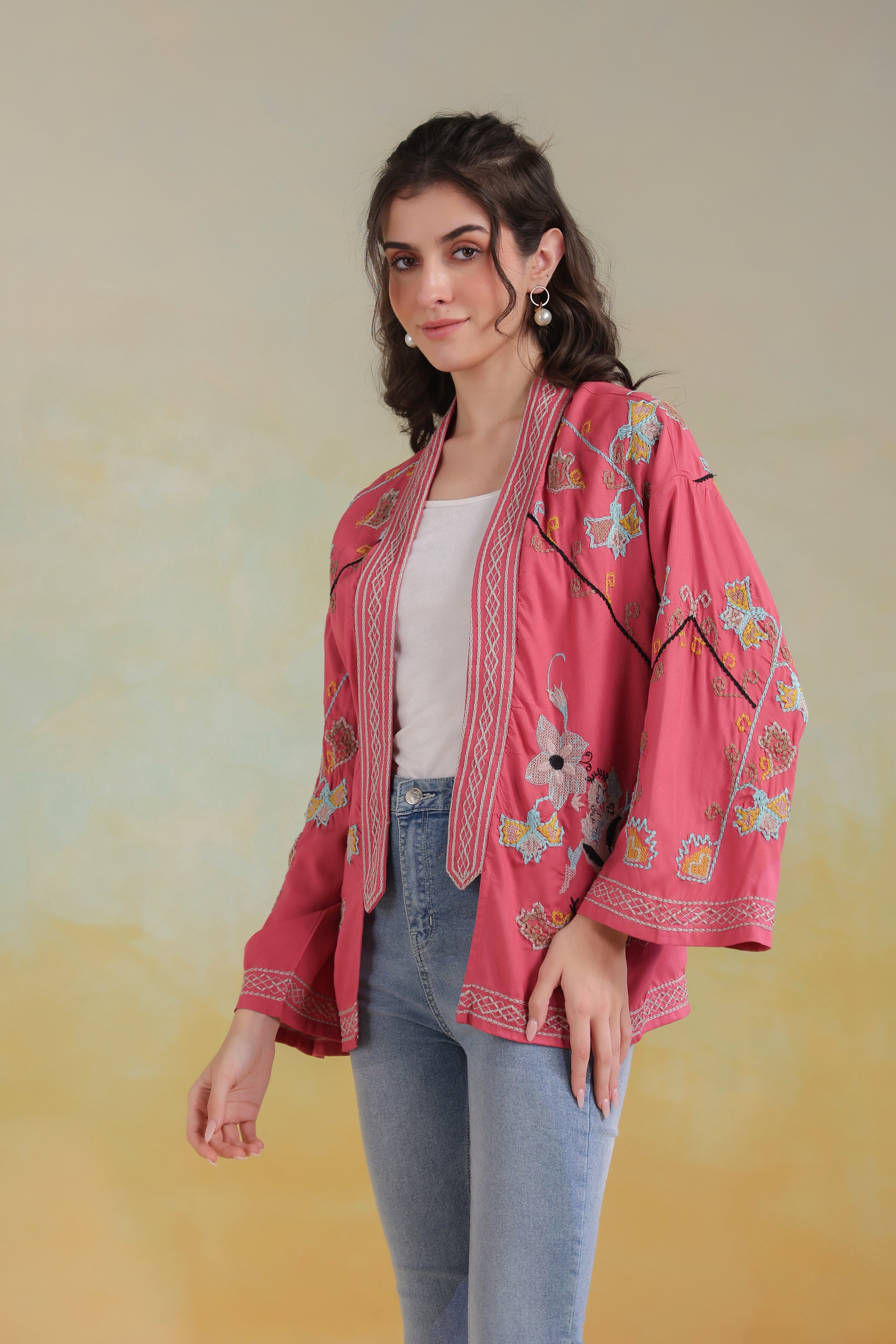 Women’s Peach Rayon Solid Embroidered Shrug