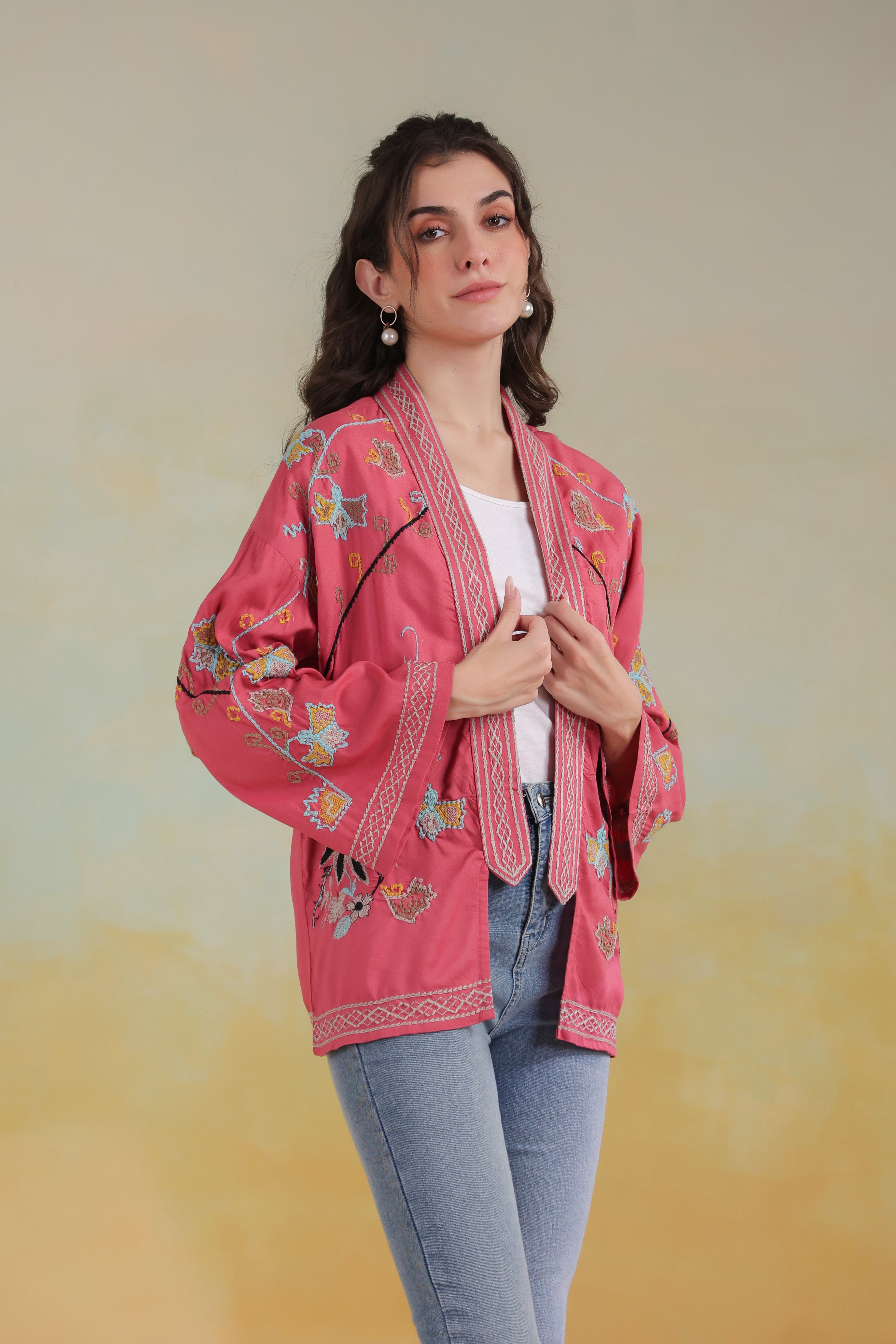 Women’s Peach Rayon Solid Embroidered Shrug