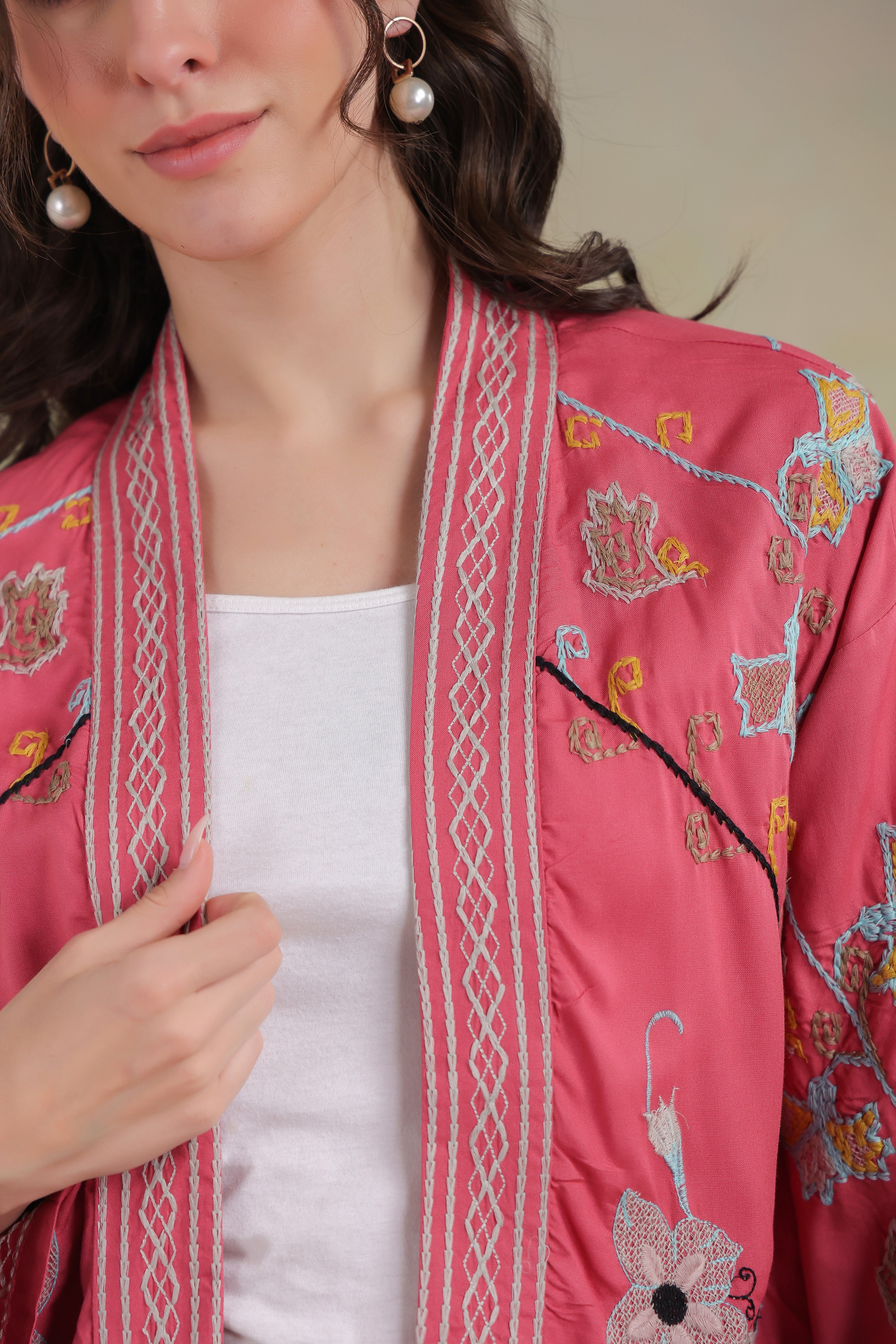 Women’s Peach Rayon Solid Embroidered Shrug