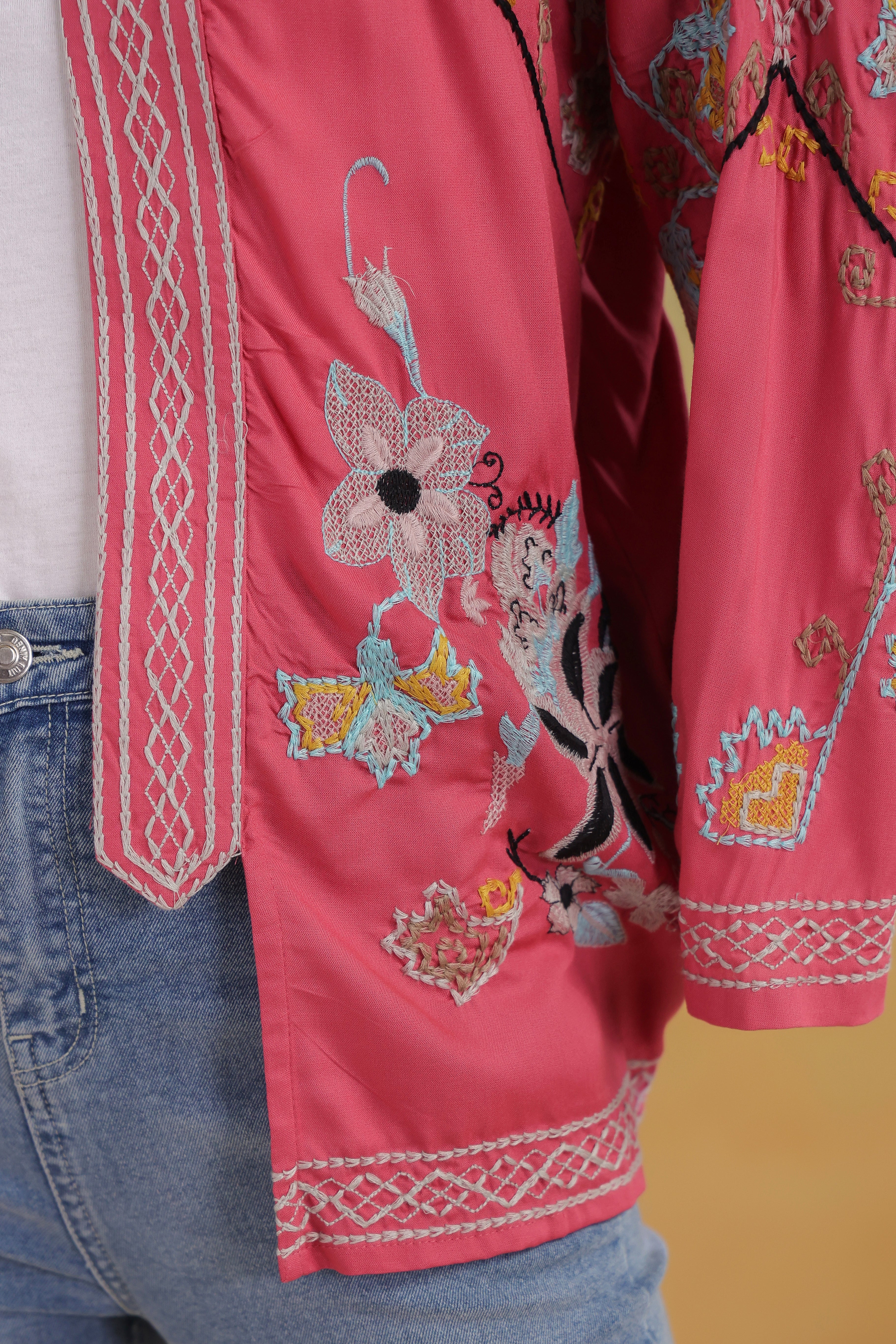 Women’s Peach Rayon Solid Embroidered Shrug