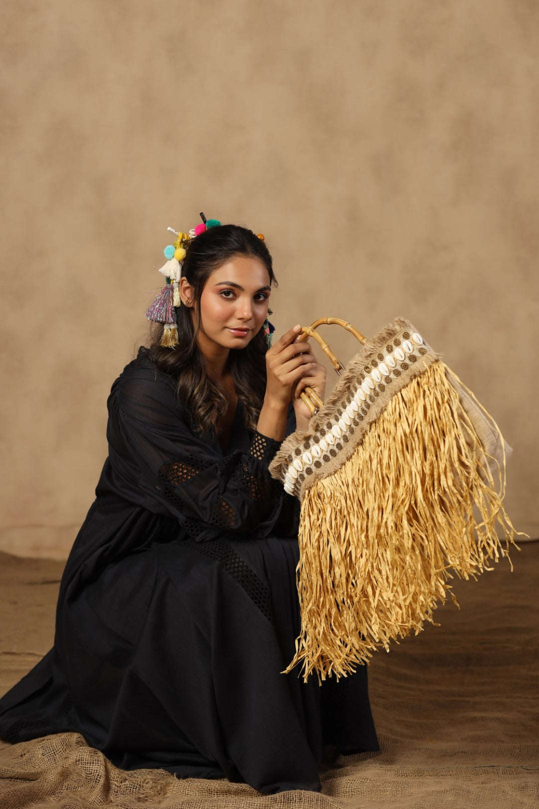Women Handmade Jute Shoulder Hand Work Bag With Paper Thread Fringes