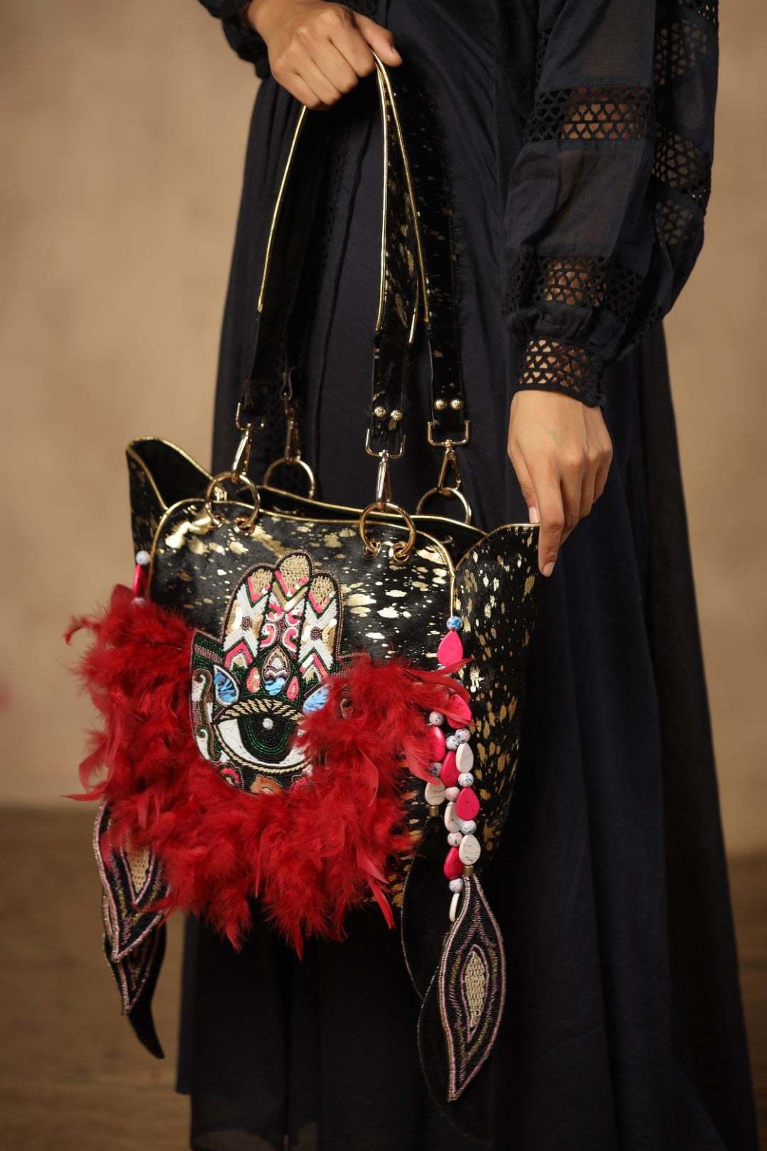 Women Handmade Leather Shoulder Bag With Red Feather Fringes