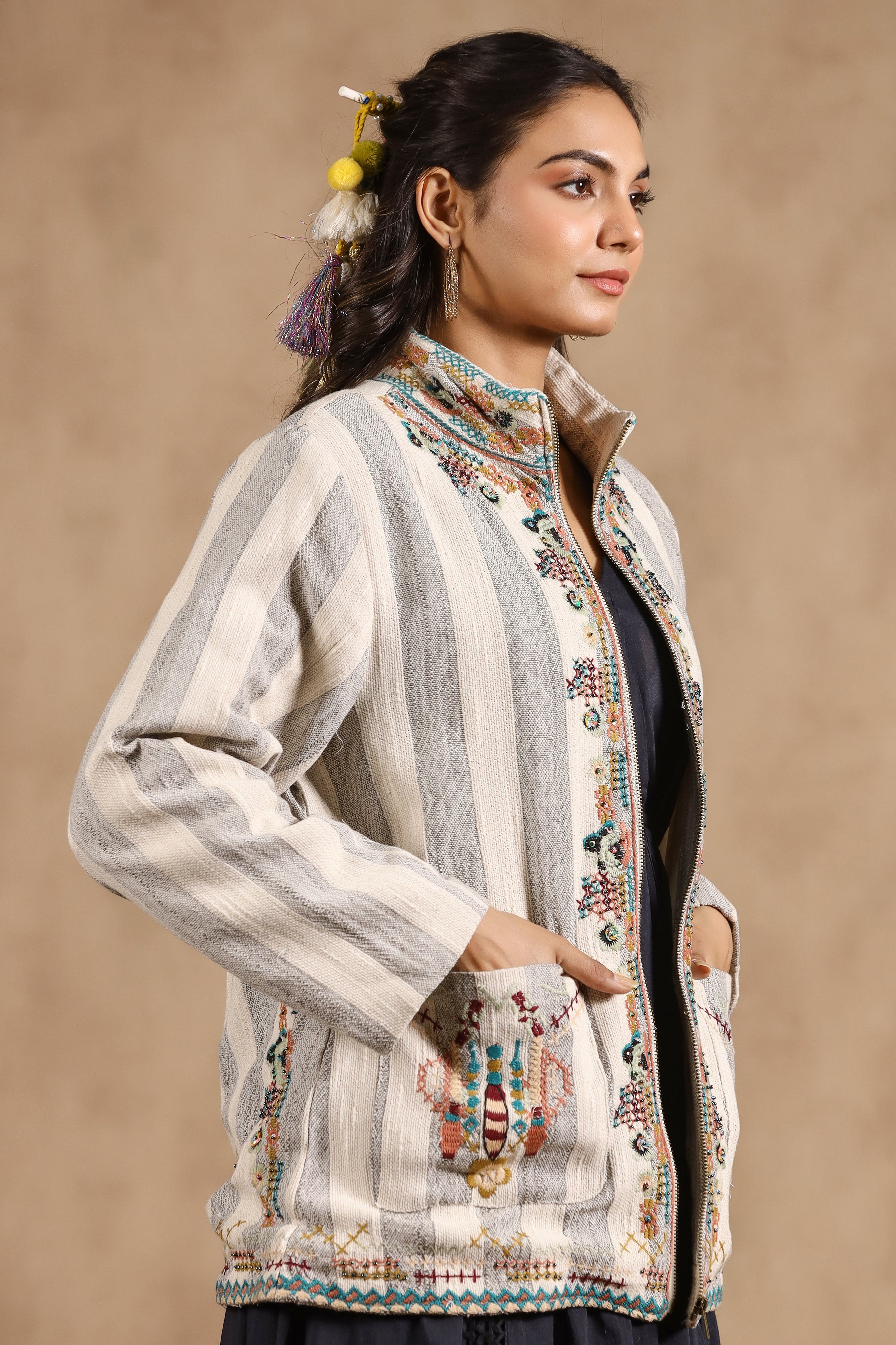 Women Cotton Stripe & Embroidered with Beads Work Jacket