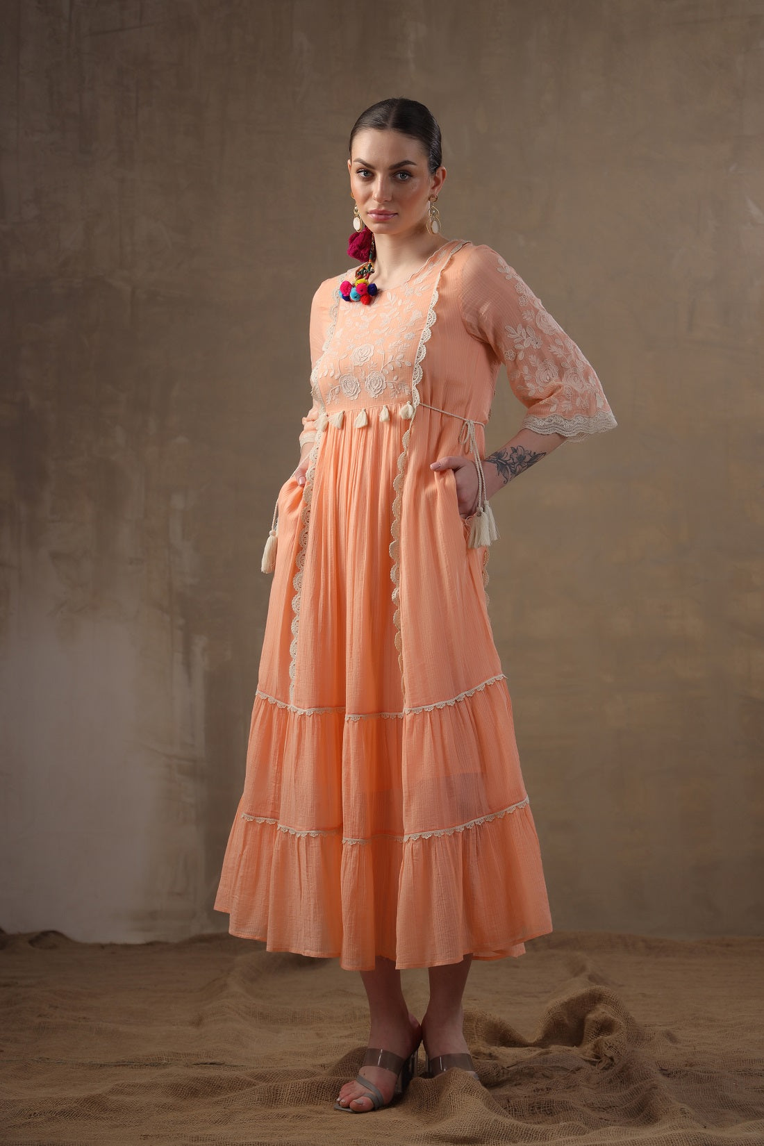 Women Cotton Peach Embroidered Lace Work Flared Maxi Dress With Pocket