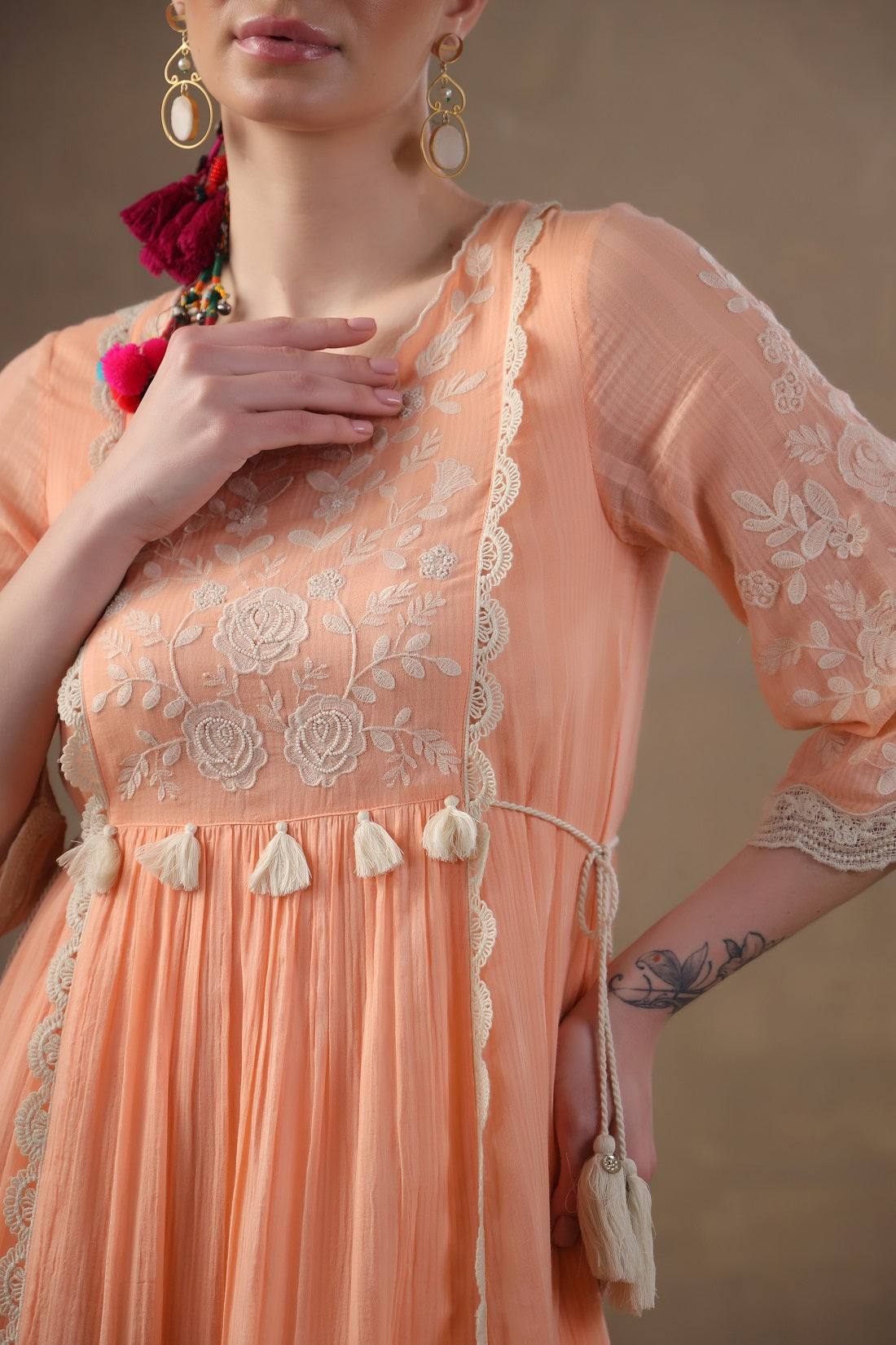 Women Cotton Peach Embroidered Lace Work Flared Maxi Dress With Pocket