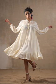 Women Beige Rayon Embroidered Flared Mini Dress