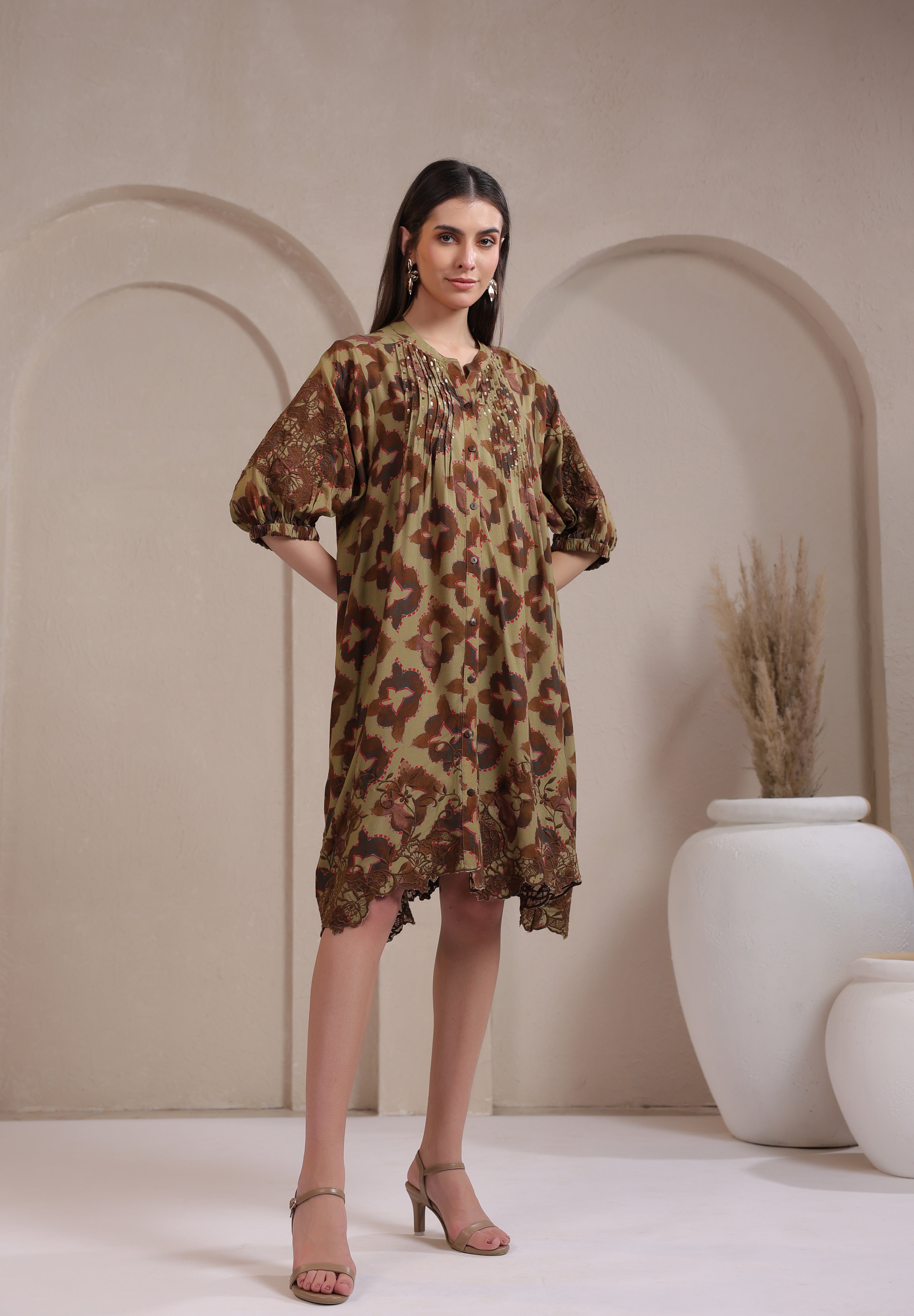 Women's Green Embroidered & Beads Work Rayon Mini Dress