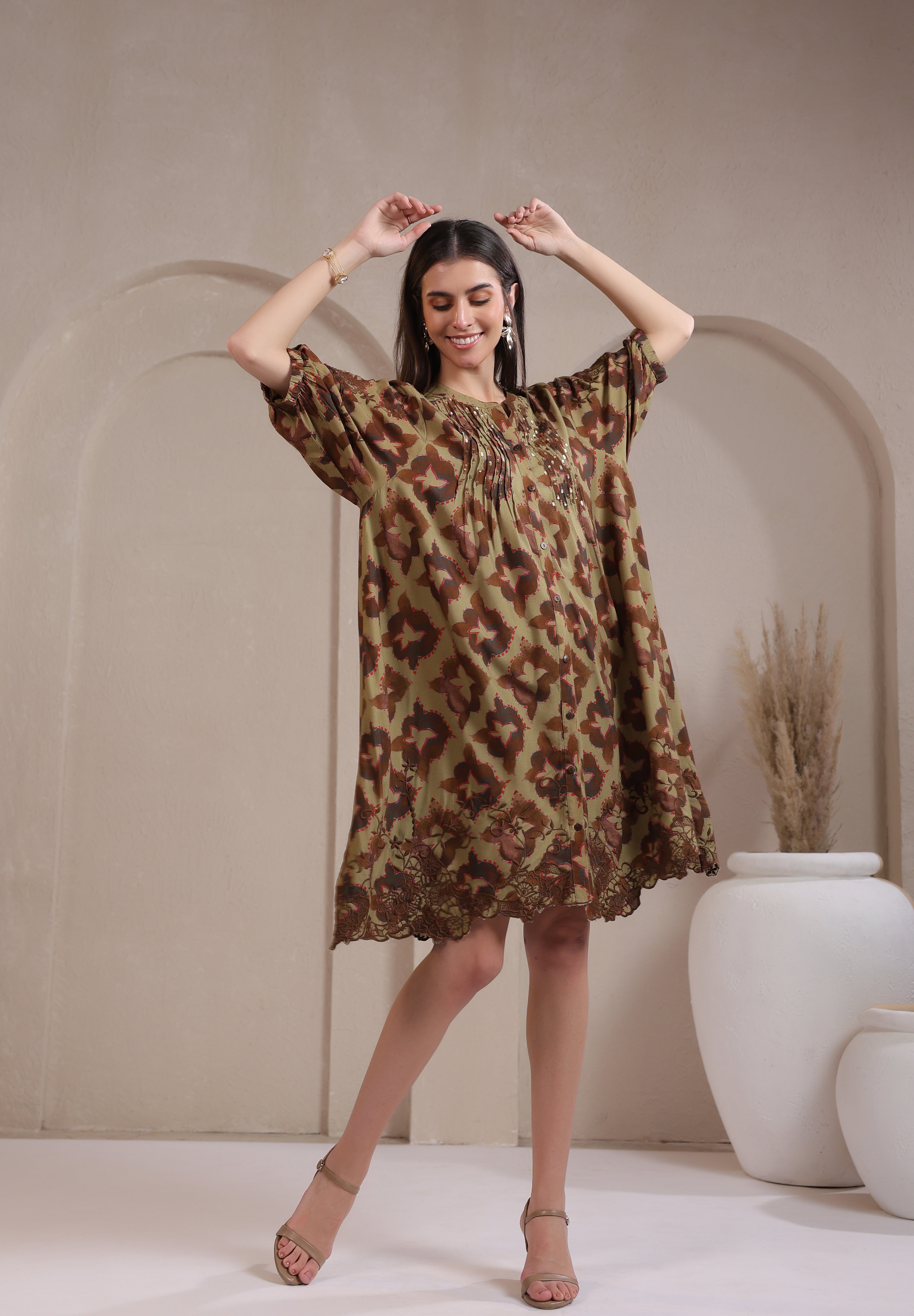 Women's Green Embroidered & Beads Work Rayon Mini Dress