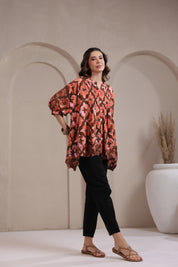 Women’s Rust Color Rayon Printed Top with Cut Work Embroidery