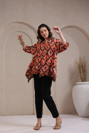 Women’s Rust Color Rayon Printed Top with Cut Work Embroidery