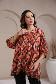 Women’s Rust Color Rayon Printed Top with Cut Work Embroidery