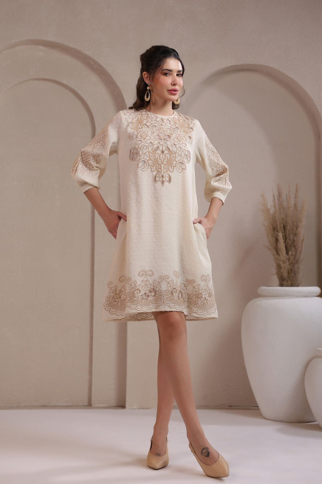 Nyaro Signature Cotton Dobby Embroidered Dress
