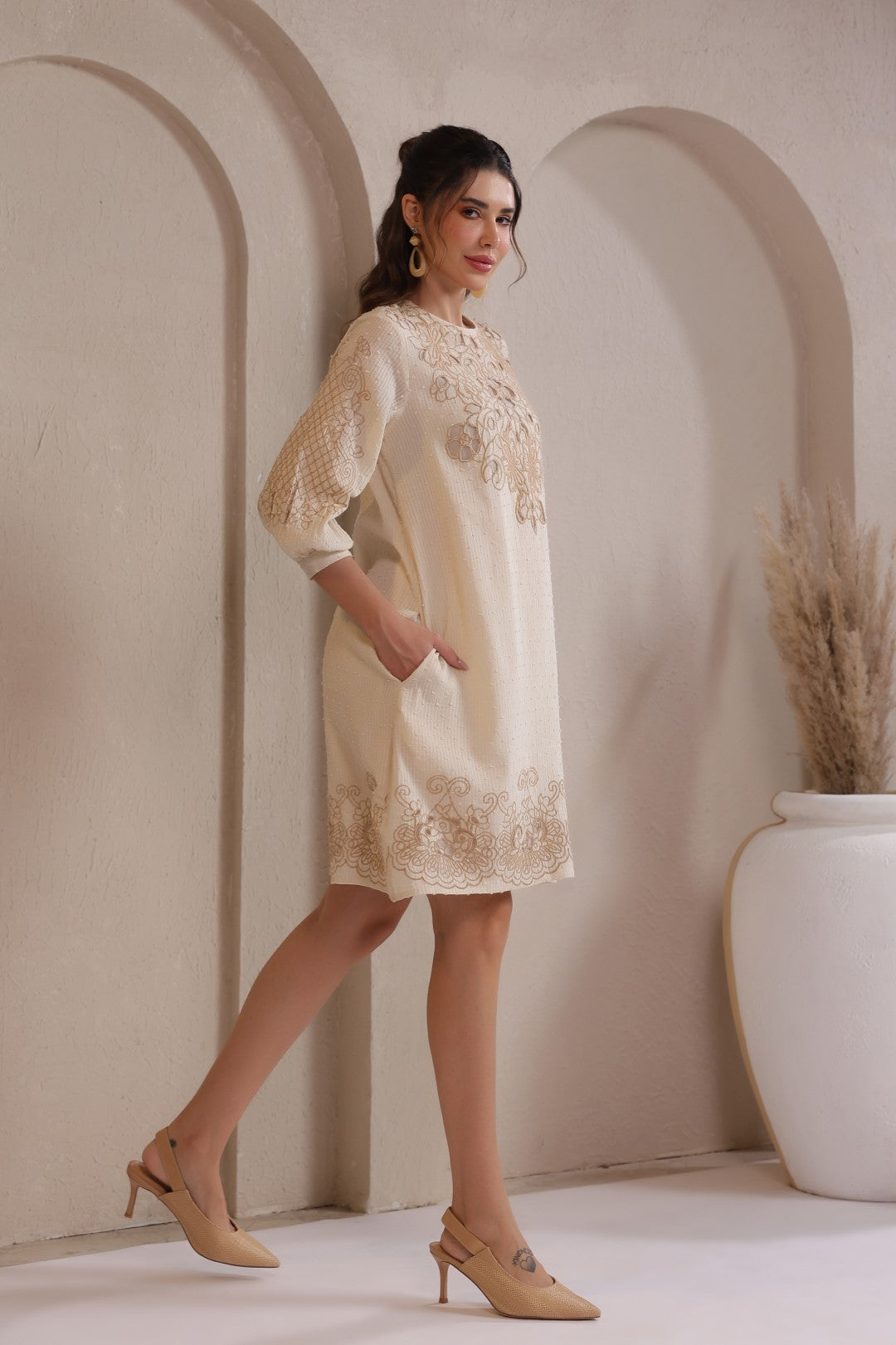 Nyaro Signature Cotton Dobby Embroidered Dress