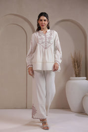 Women’s Cotton Dobby White Color Embroidered Co-Ord Set