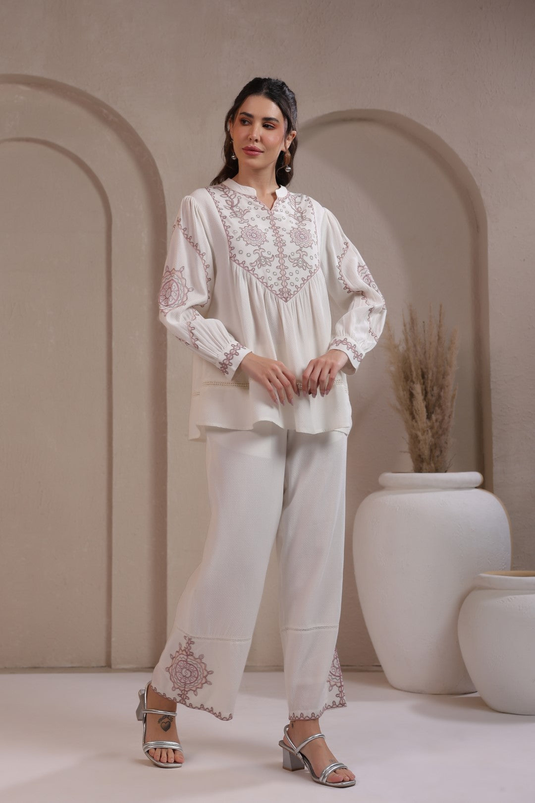 Women’s Cotton Dobby White Color Embroidered Co-Ord Set